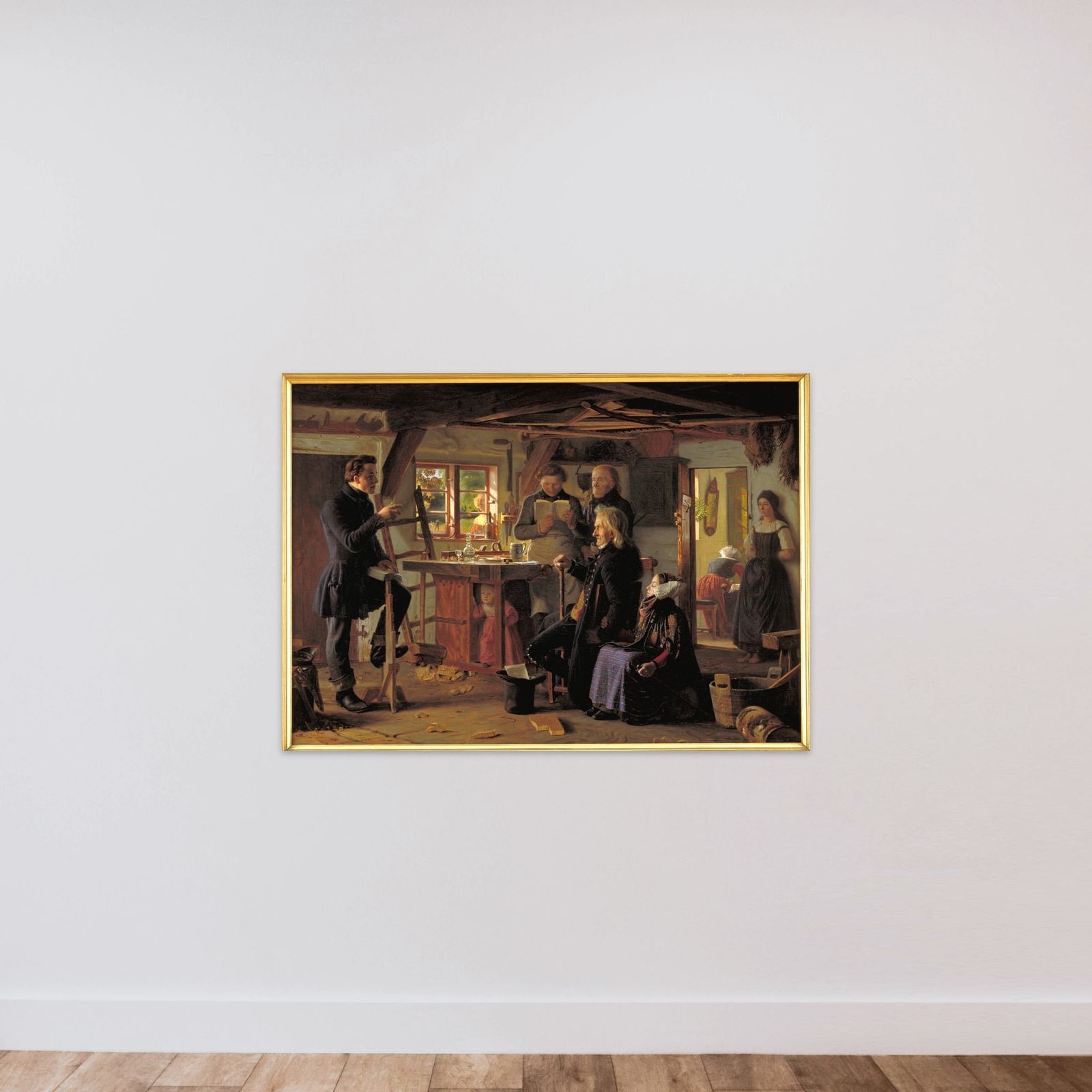 Mormoner på besøg hos en tømrer på landet unframed — shown to scale