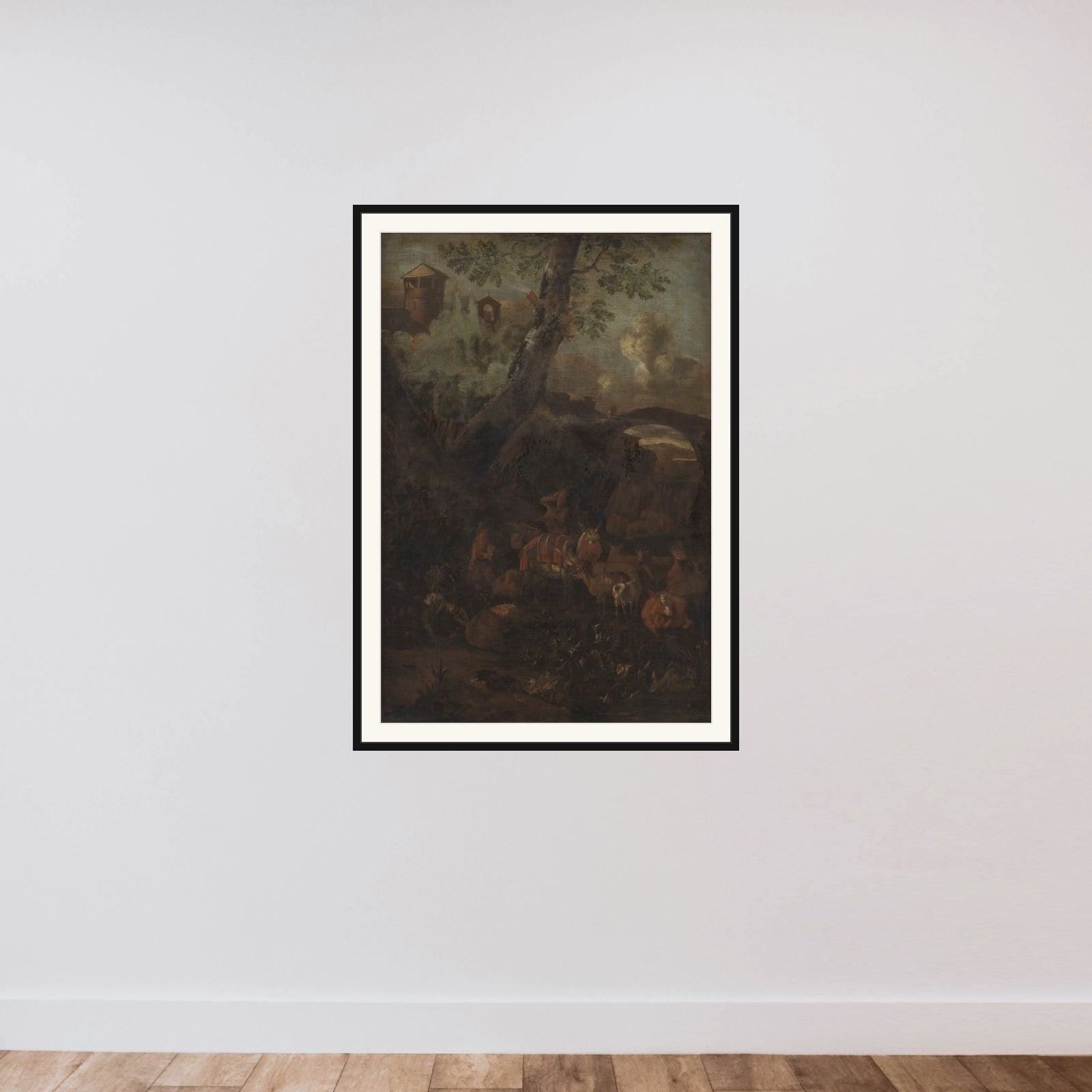 Landskab med muldyr og geder framed — shown to scale