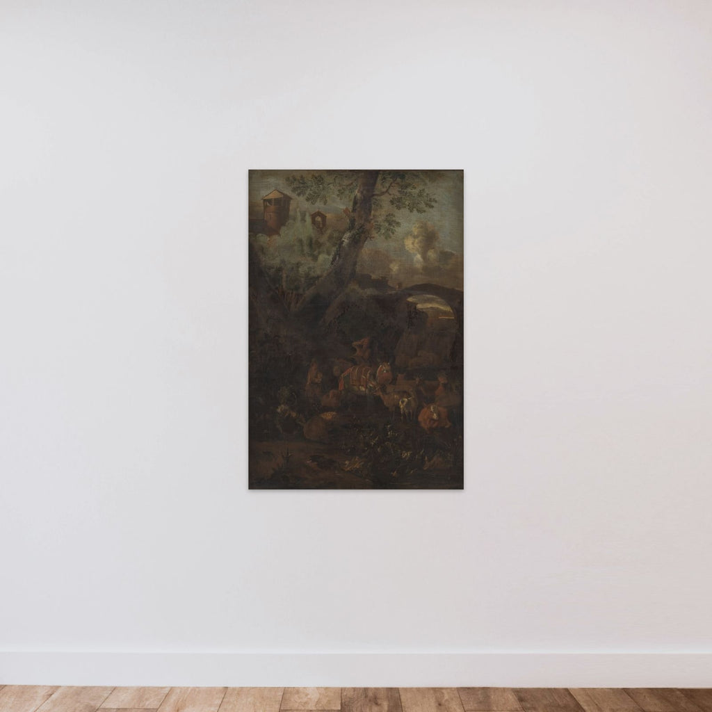 Landskab med muldyr og geder unframed — shown to scale