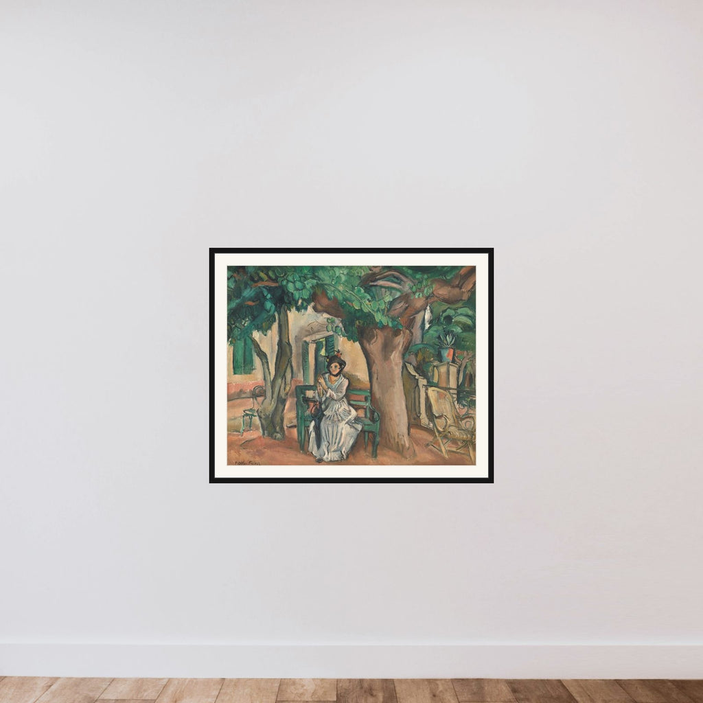 Damen på terrassen framed — shown to scale