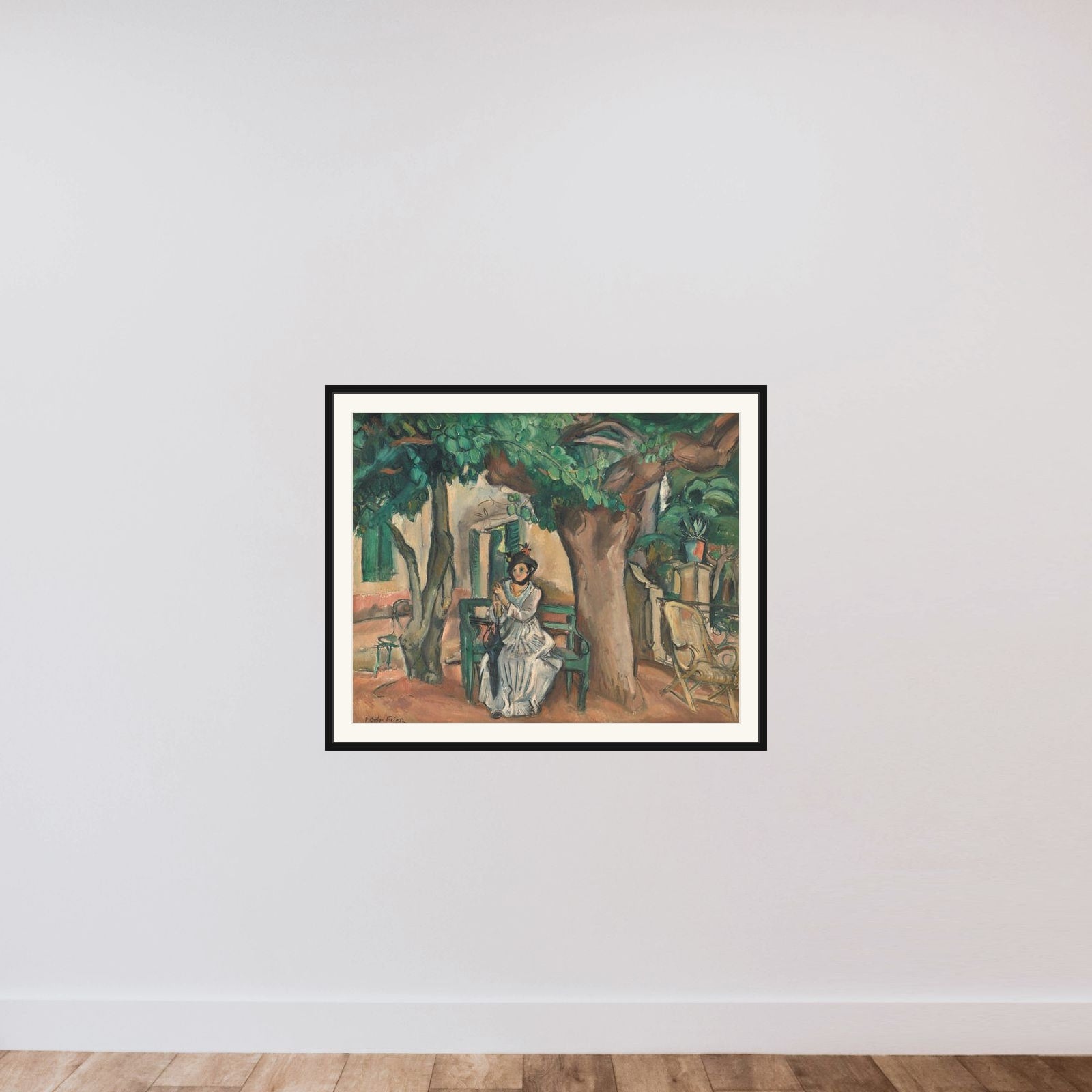 Damen på terrassen framed — shown to scale