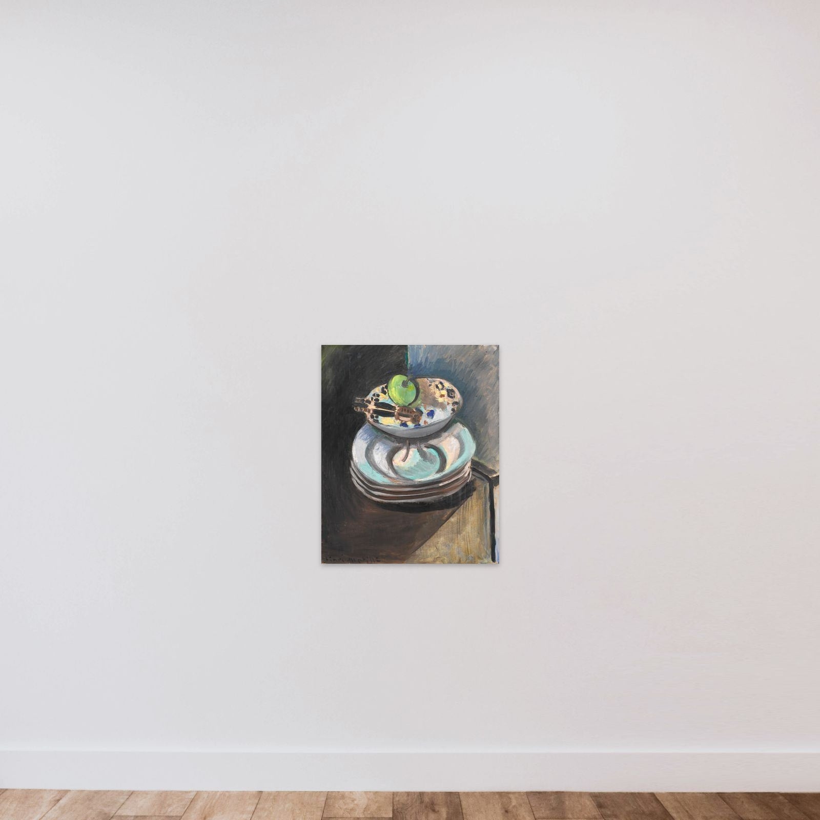 Opstilling med frugtskål og nøddeknækker unframed — shown to scale