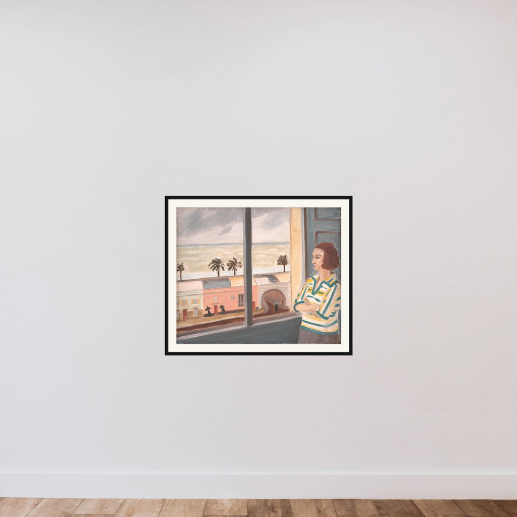 Ung pige, der betragter havet framed — shown to scale