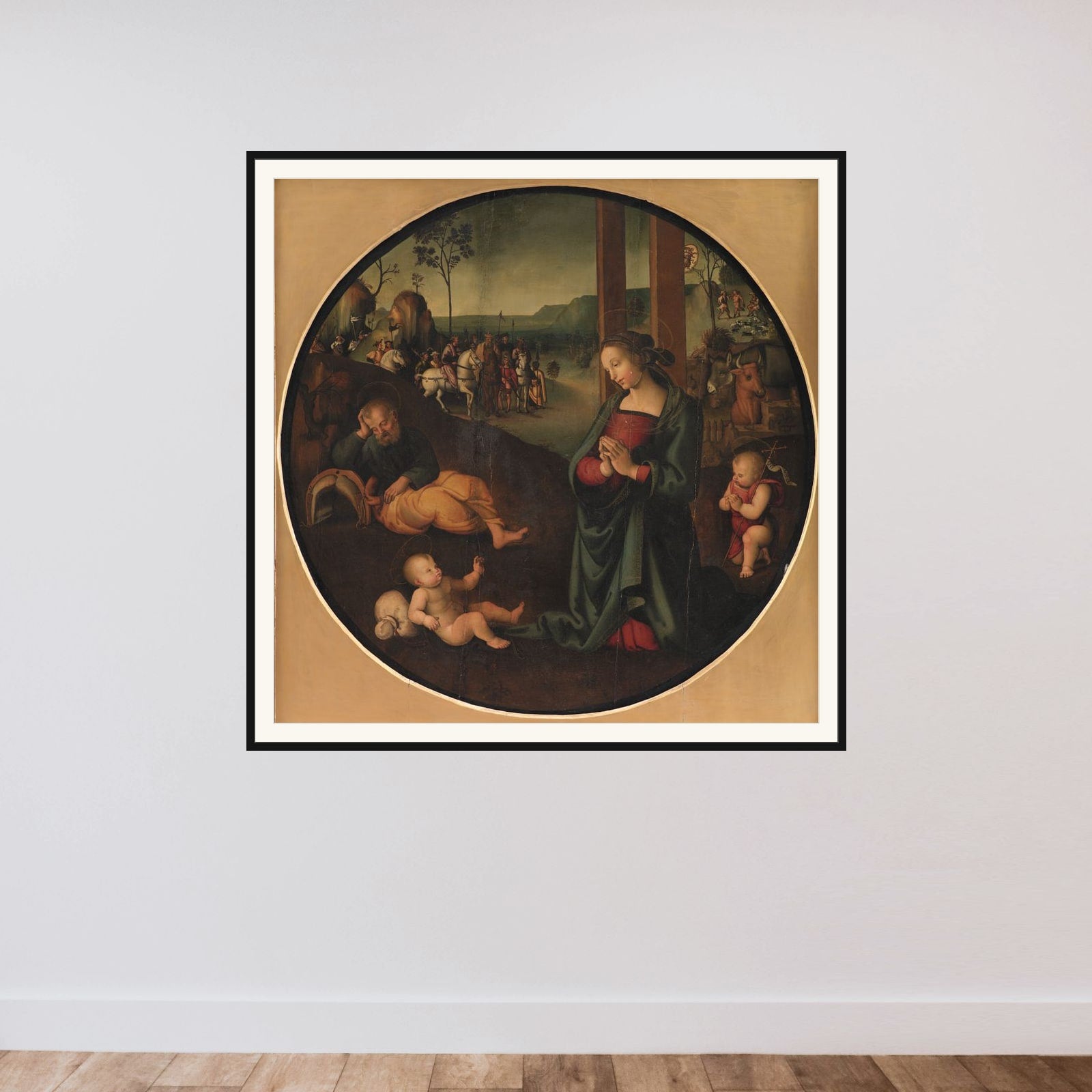 Den hellige familie framed — shown to scale