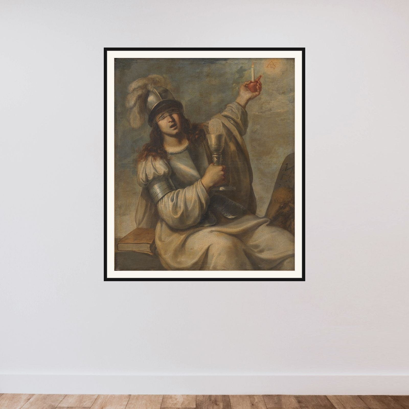 Troen. Allegorisk kvindefigur framed — shown to scale