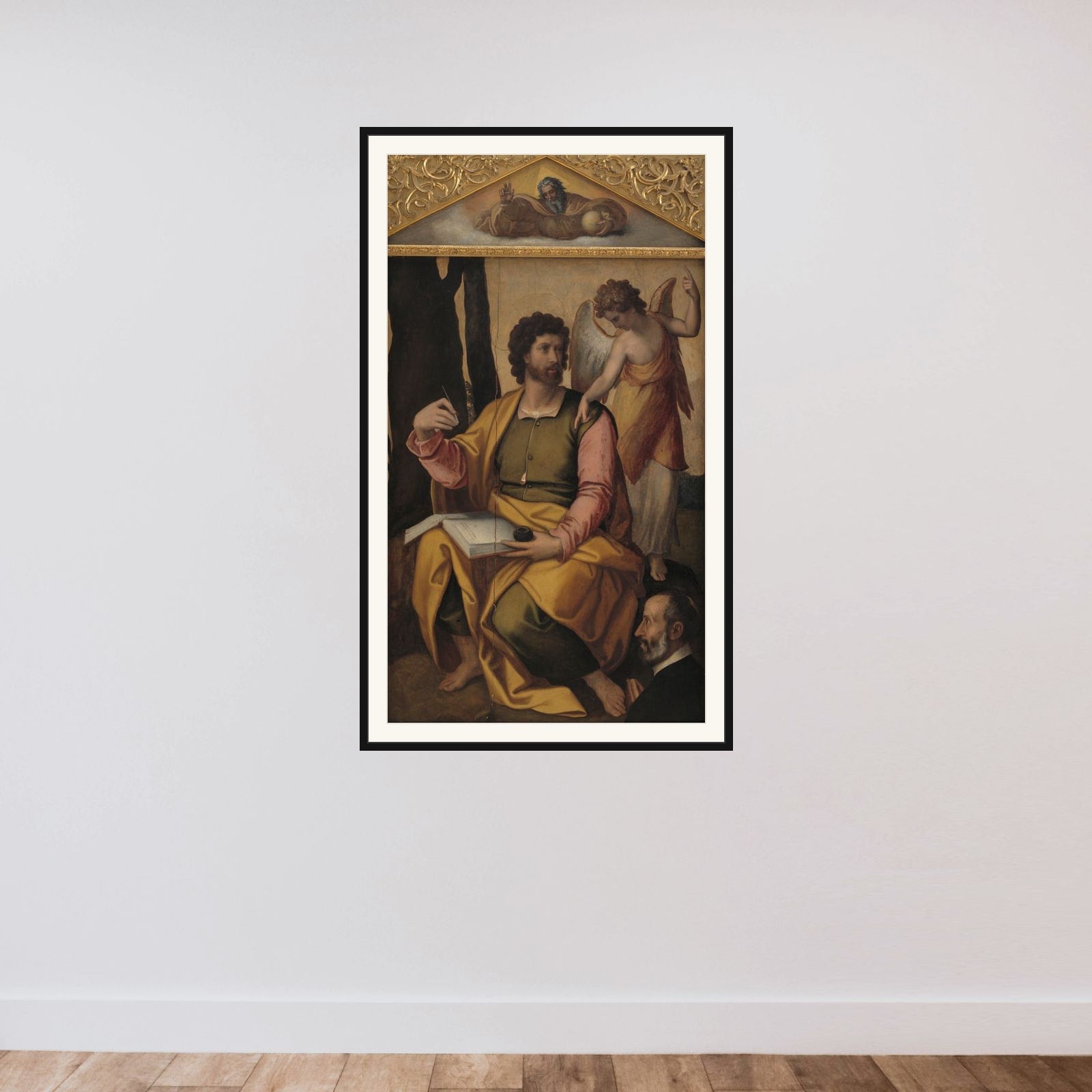 Evangelisten Matthæus med donator framed — shown to scale