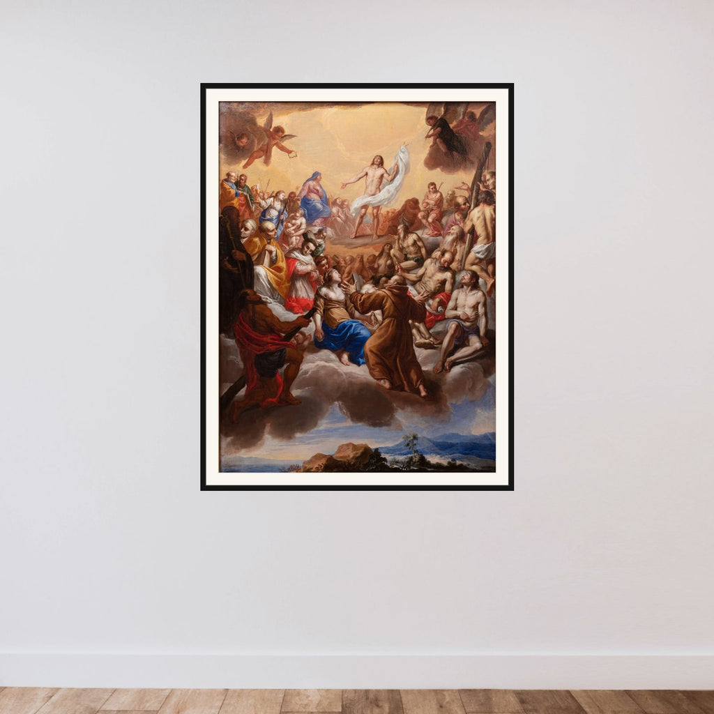 Kristi forherligelse omgivet af helgener framed — shown to scale