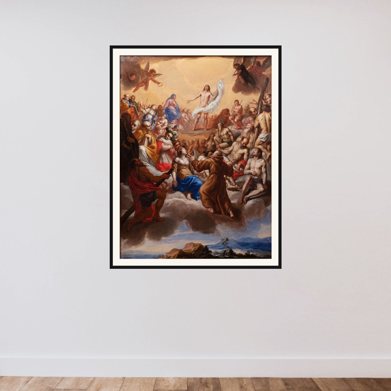 Kristi forherligelse omgivet af helgener framed — shown to scale