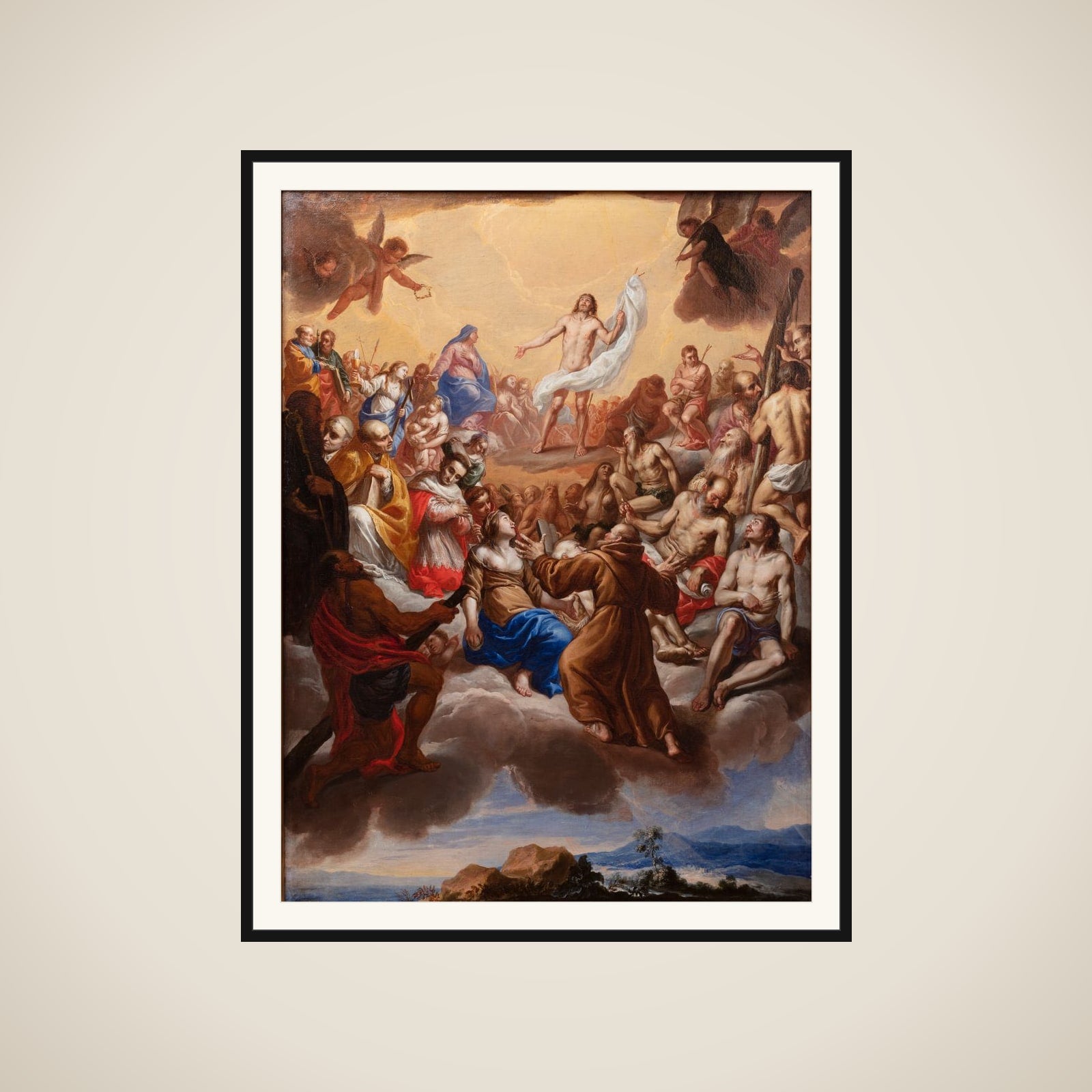 Kristi forherligelse omgivet af helgener framed