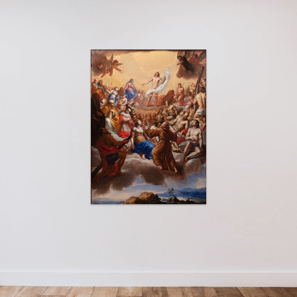 Kristi forherligelse omgivet af helgener unframed — shown to scale