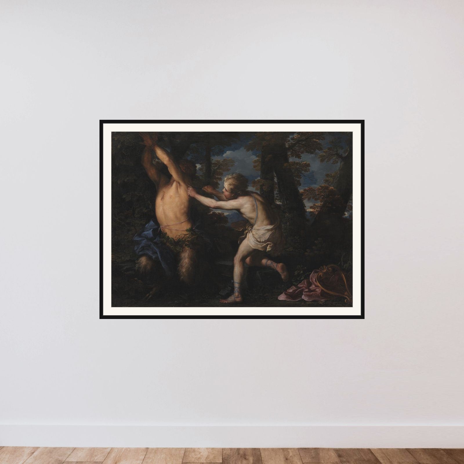 Apollon flår huden af Marsyas framed — shown to scale