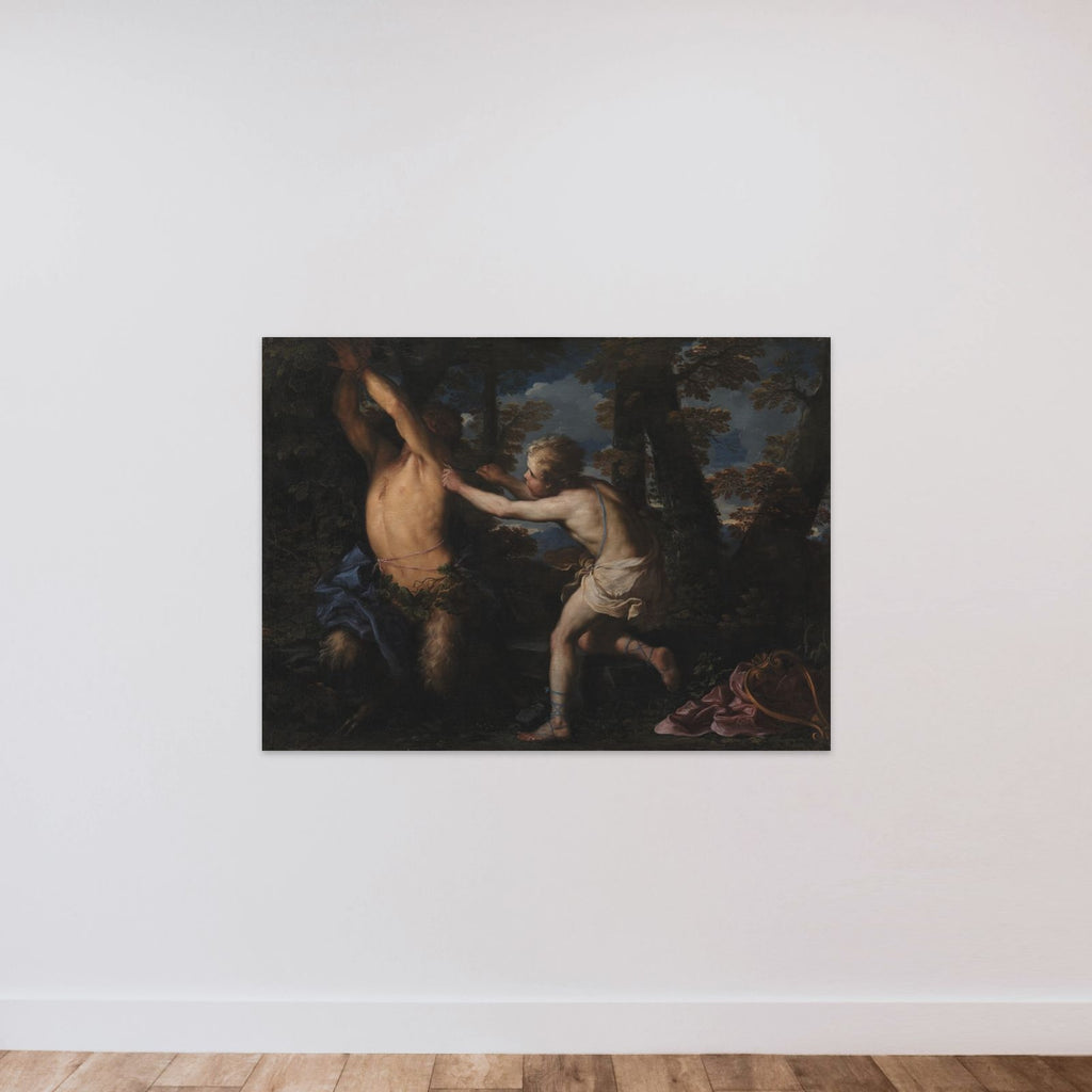 Apollon flår huden af Marsyas unframed — shown to scale