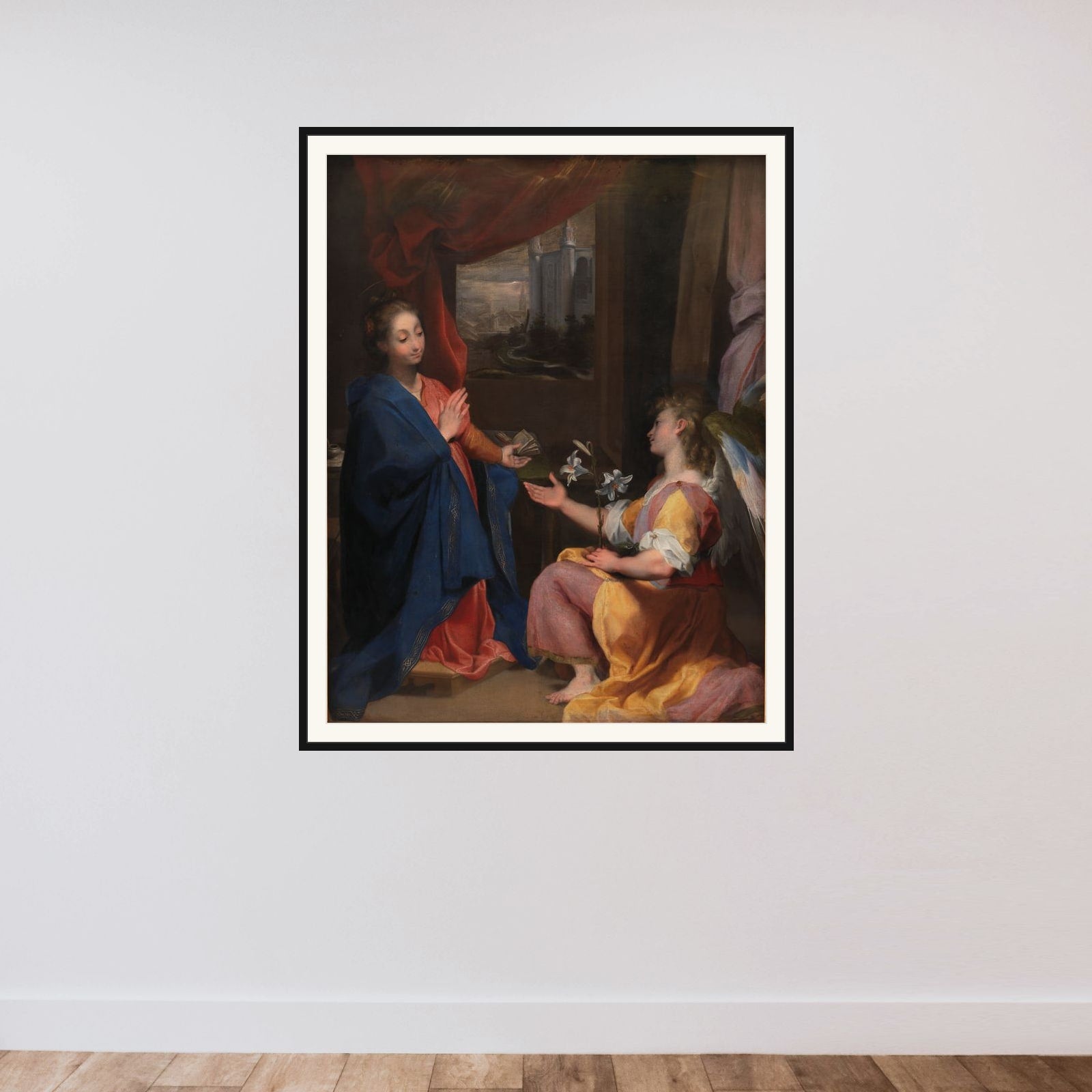 Jomfru Marias bebudelse framed — shown to scale