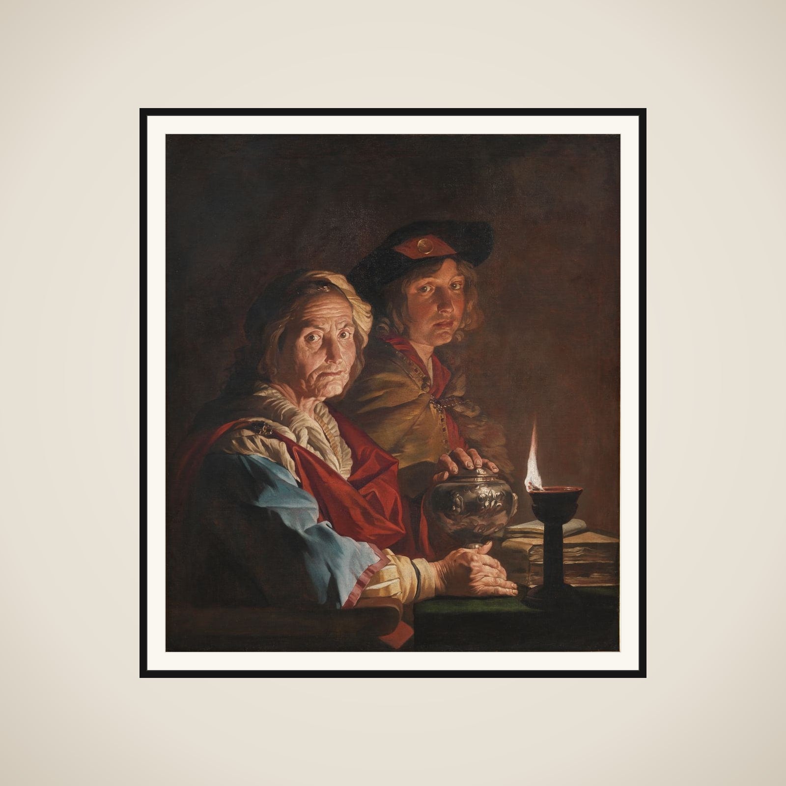 En gammel kone og en yngling i skæret fra en olielampe framed