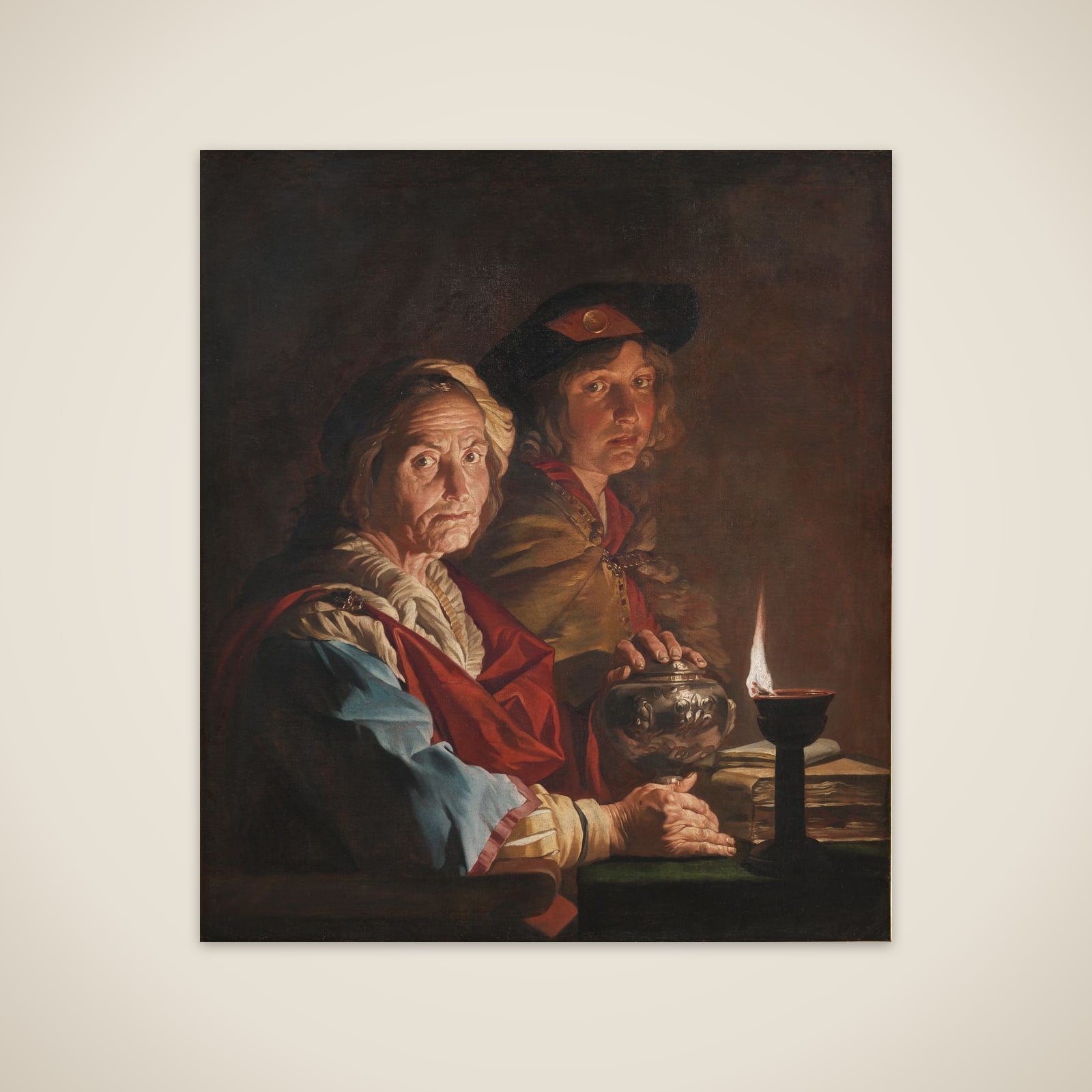 En gammel kone og en yngling i skæret fra en olielampe unframed print