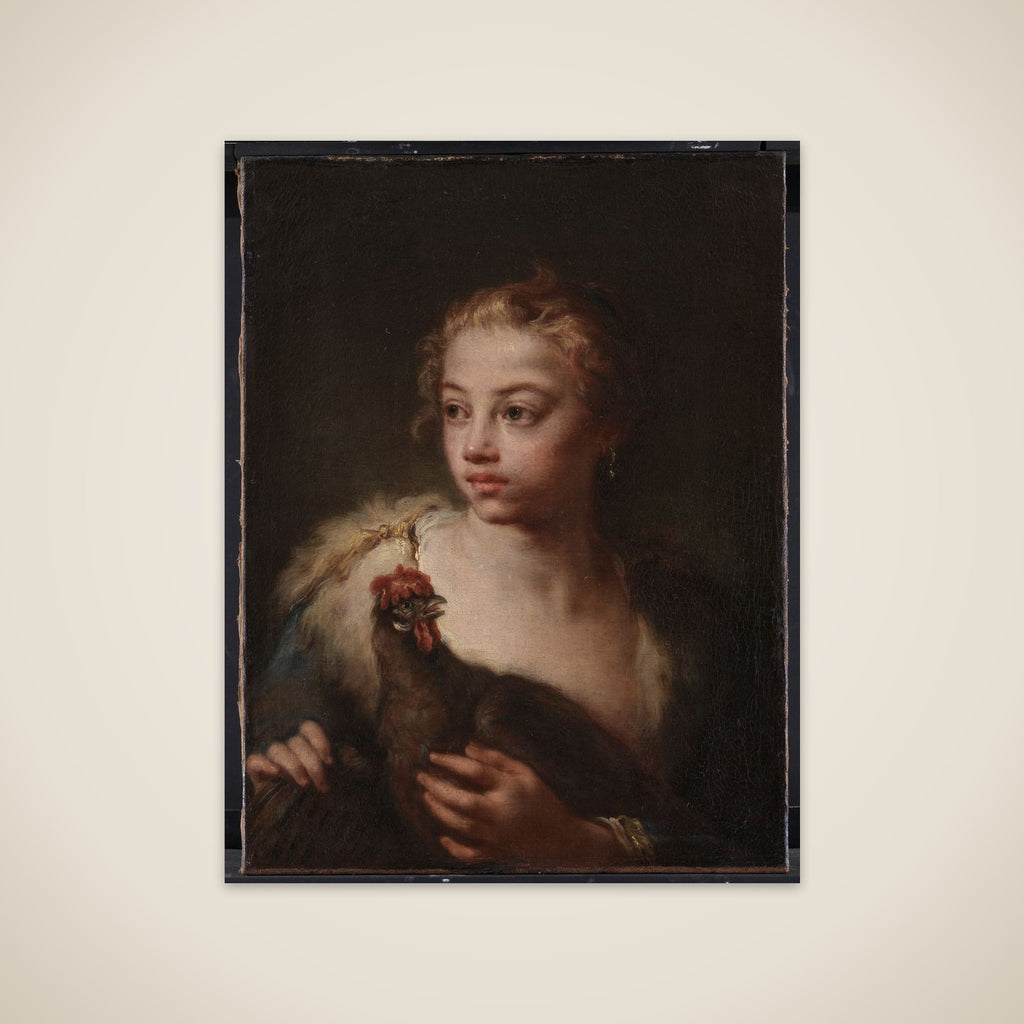 En pige med en høne unframed print