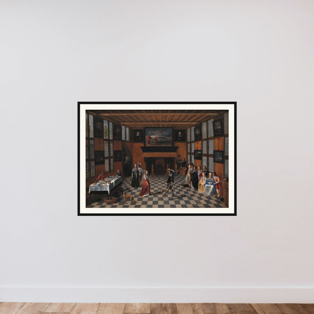 Selskab med dansende par i interiør framed — shown to scale