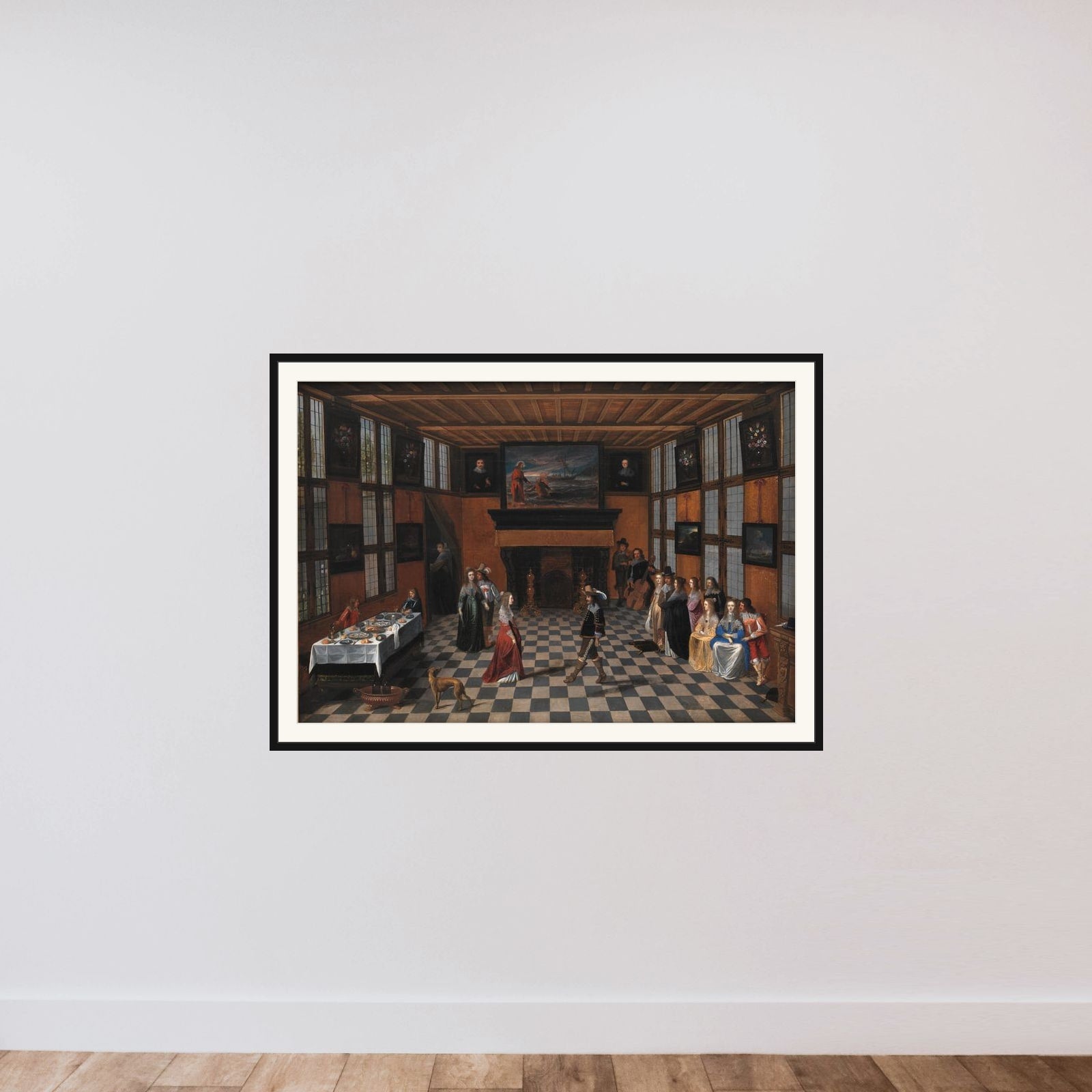 Selskab med dansende par i interiør framed — shown to scale