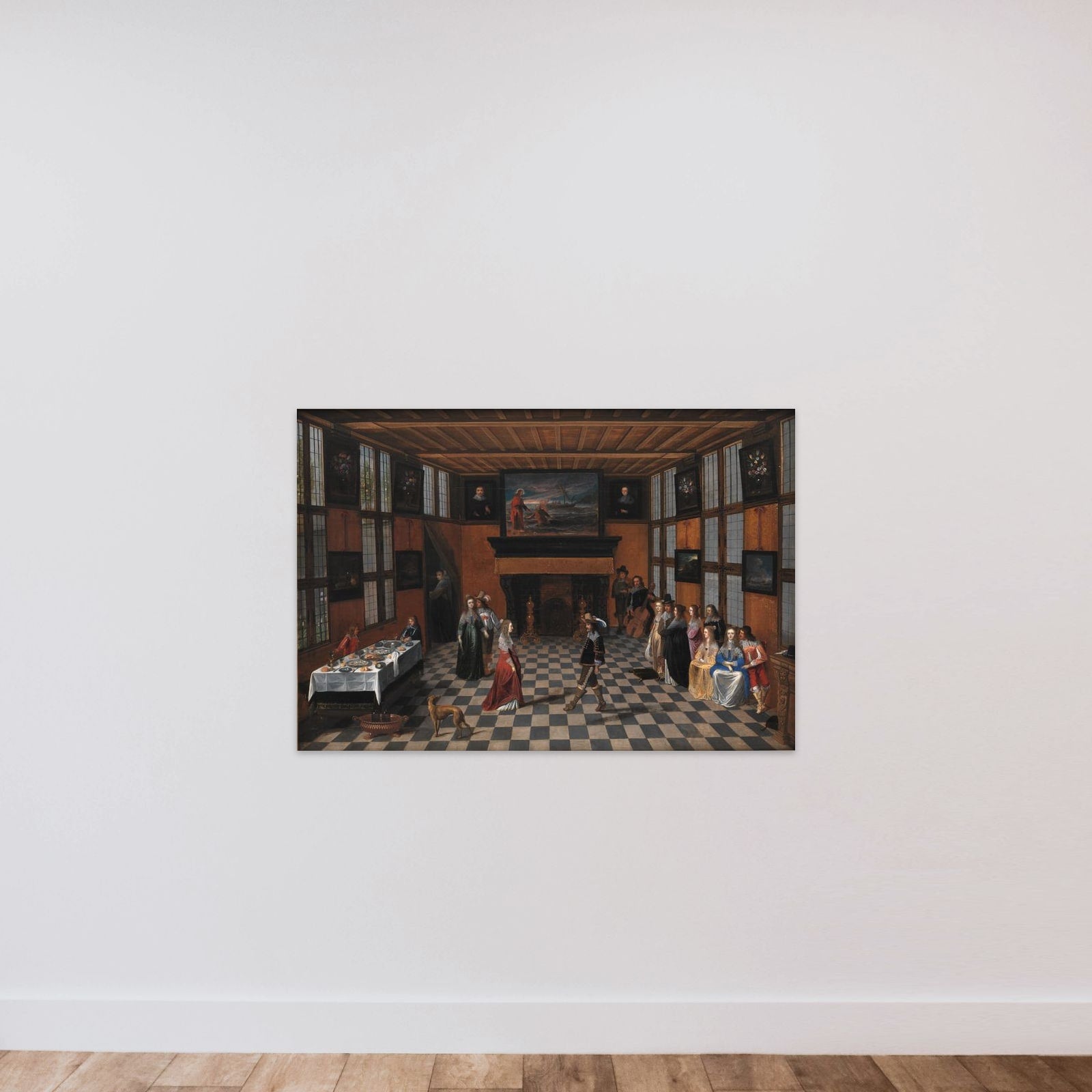 Selskab med dansende par i interiør unframed — shown to scale