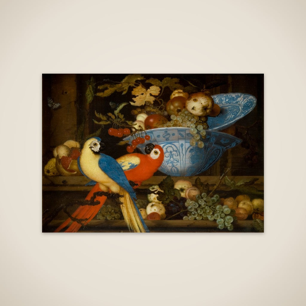 Stilleben med frugt og to papegøjer unframed print
