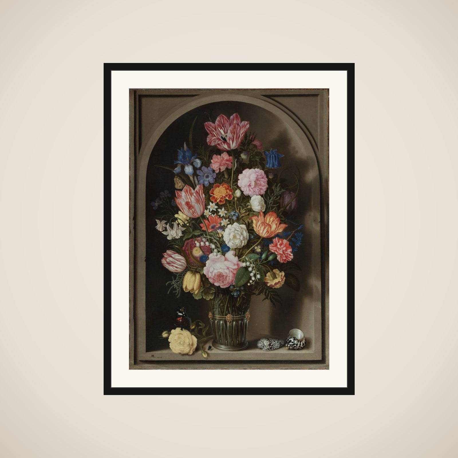 Blomsterbuket i en stenniche framed