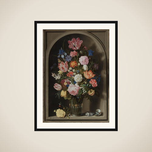 Blomsterbuket i en stenniche framed