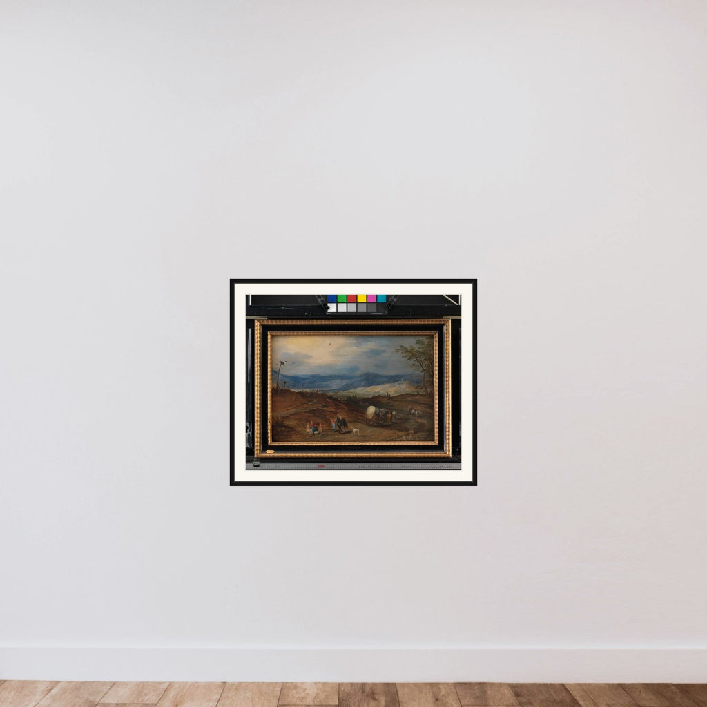 Landskab med vej forbi et rettersted framed — shown to scale