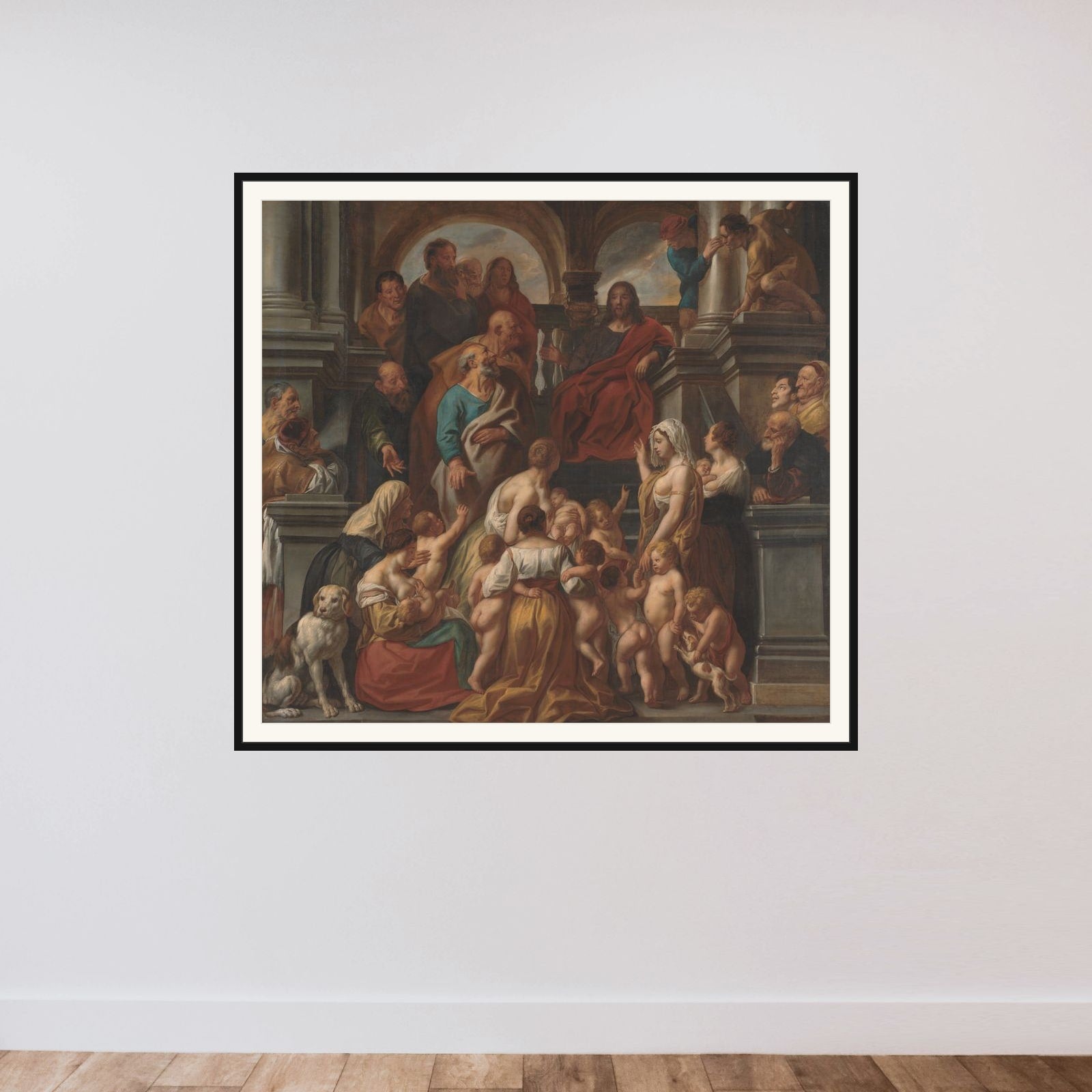 Kristus velsigner børnene. "Lad de små børn komme til mig" framed — shown to scale