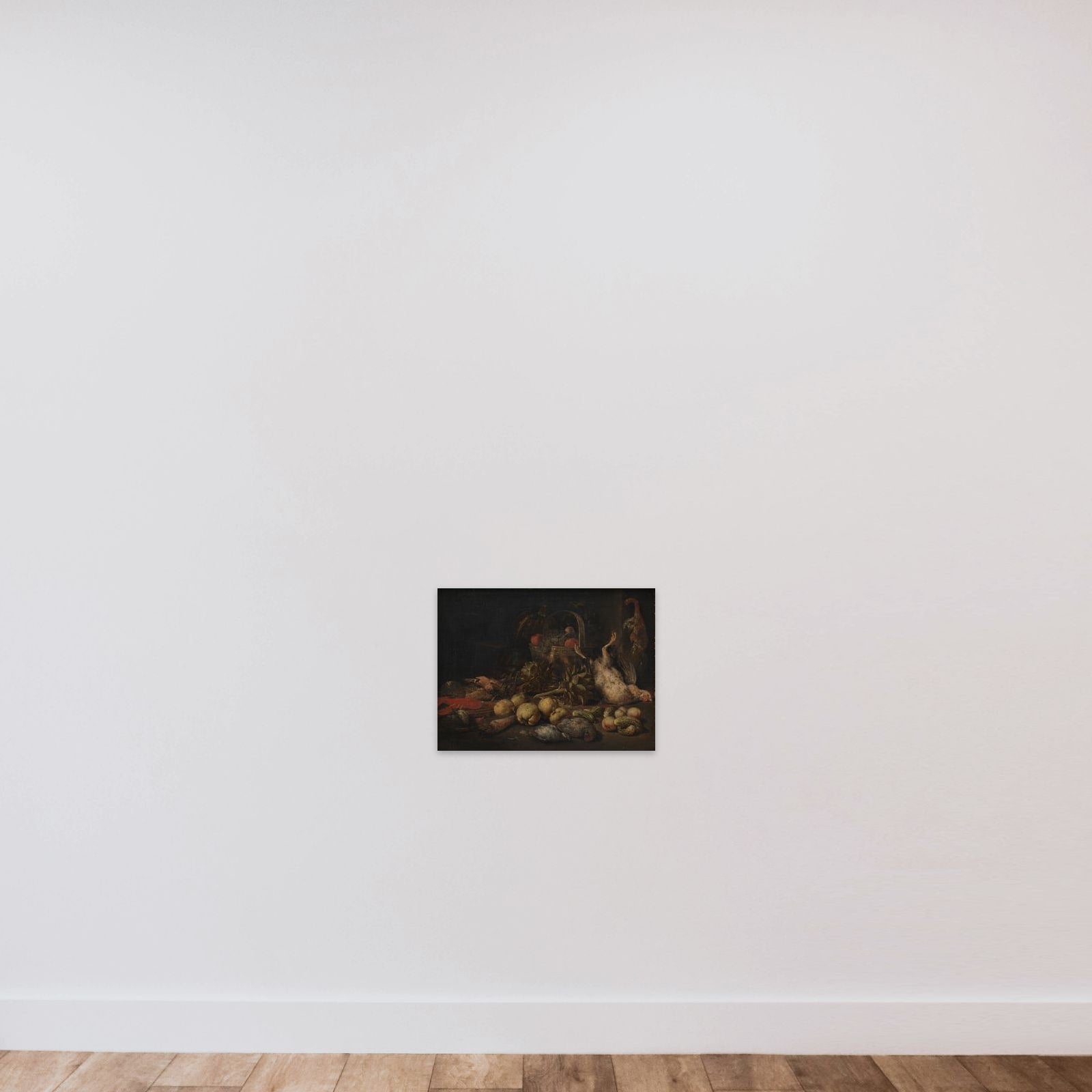 Stilleben med frugter og døde fugle unframed — shown to scale