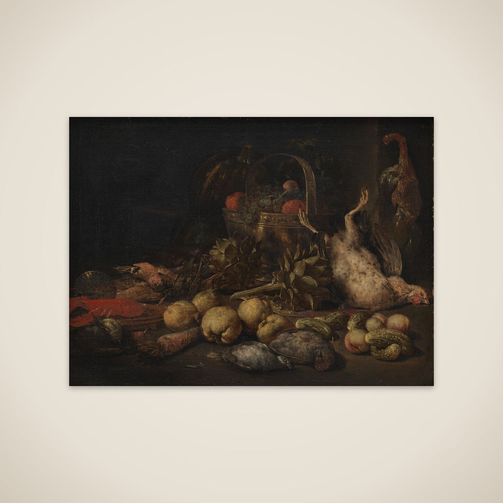 Stilleben med frugter og døde fugle unframed print