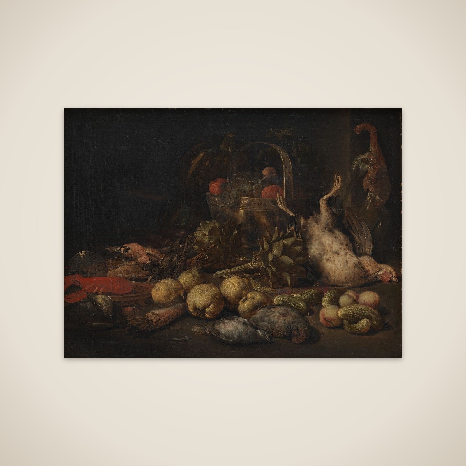 Stilleben med frugter og døde fugle unframed print