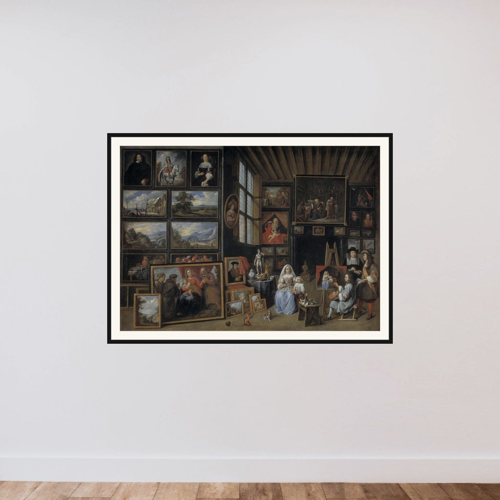 Et billedgalleri med en kunstner, der maler en kvinde og en pige. Allegori over malerkunsten framed — shown to scale