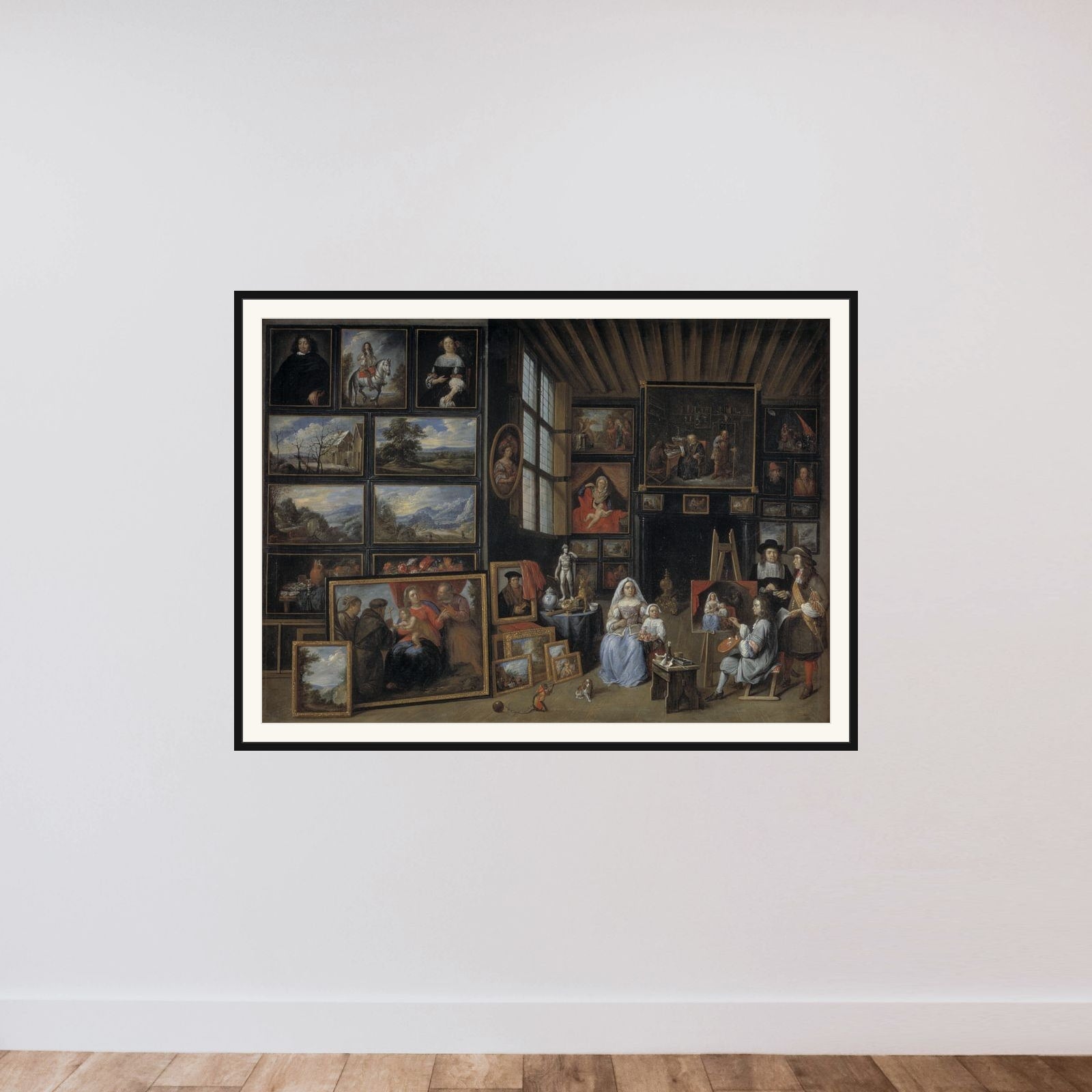 Et billedgalleri med en kunstner, der maler en kvinde og en pige. Allegori over malerkunsten framed — shown to scale