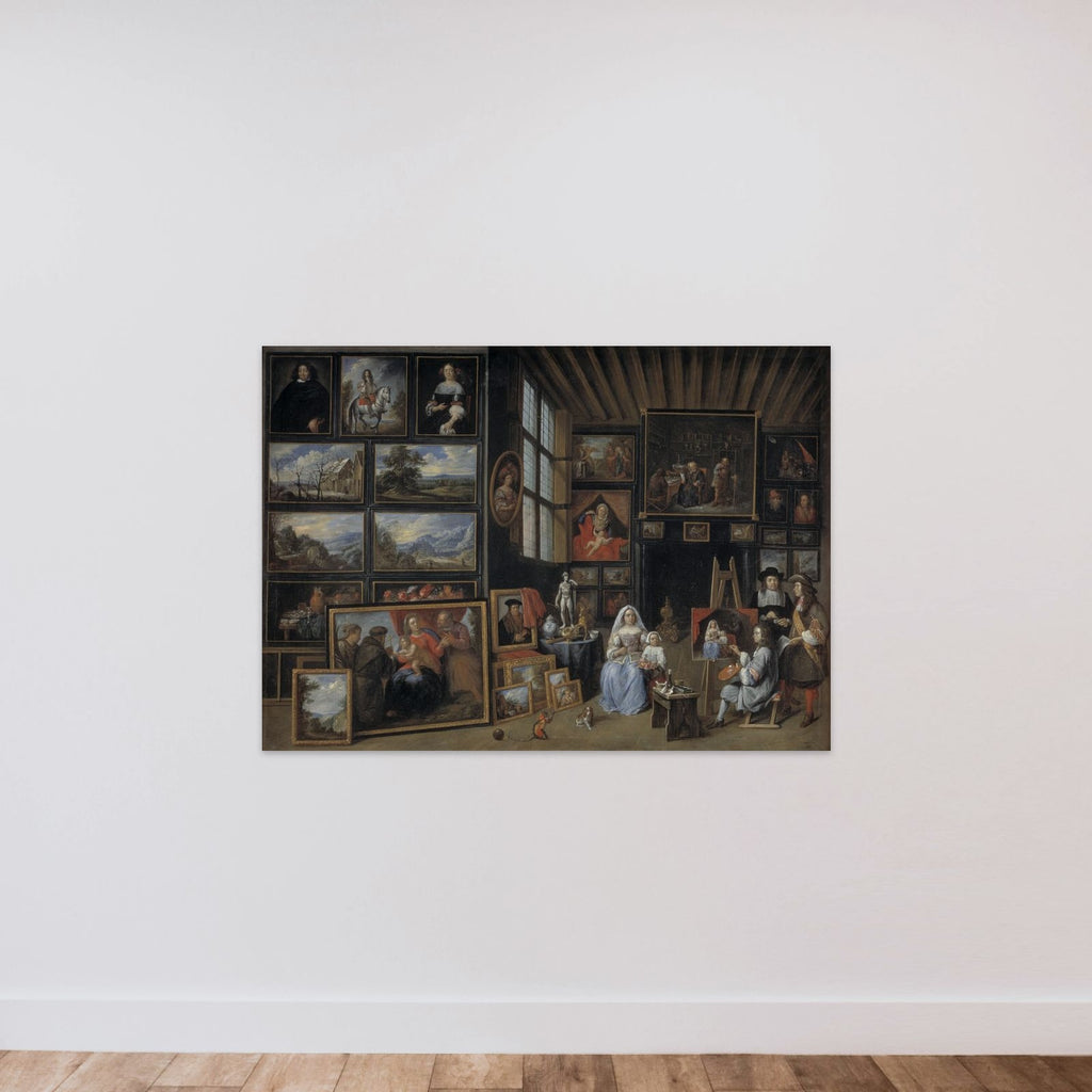 Et billedgalleri med en kunstner, der maler en kvinde og en pige. Allegori over malerkunsten unframed — shown to scale