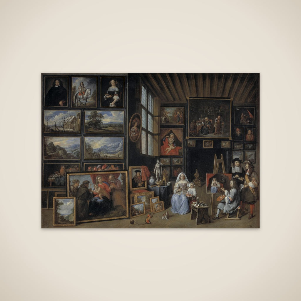 Et billedgalleri med en kunstner, der maler en kvinde og en pige. Allegori over malerkunsten unframed print
