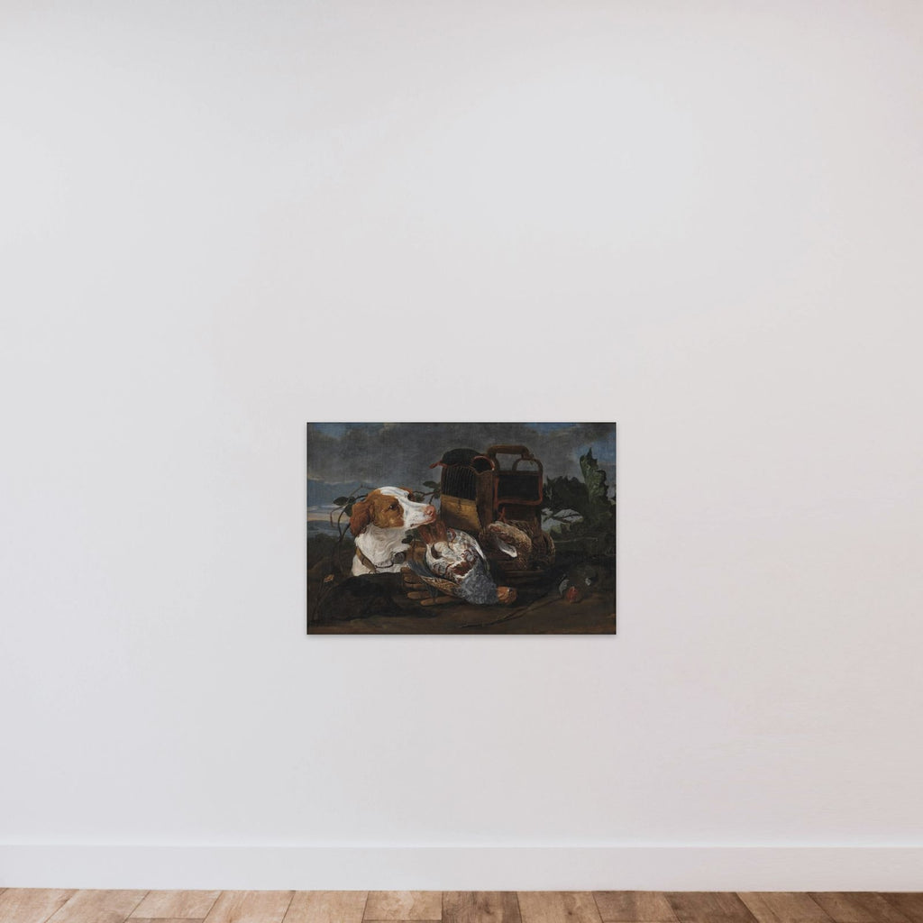 Jagtstilleben med døde fugle og en jagthund unframed — shown to scale