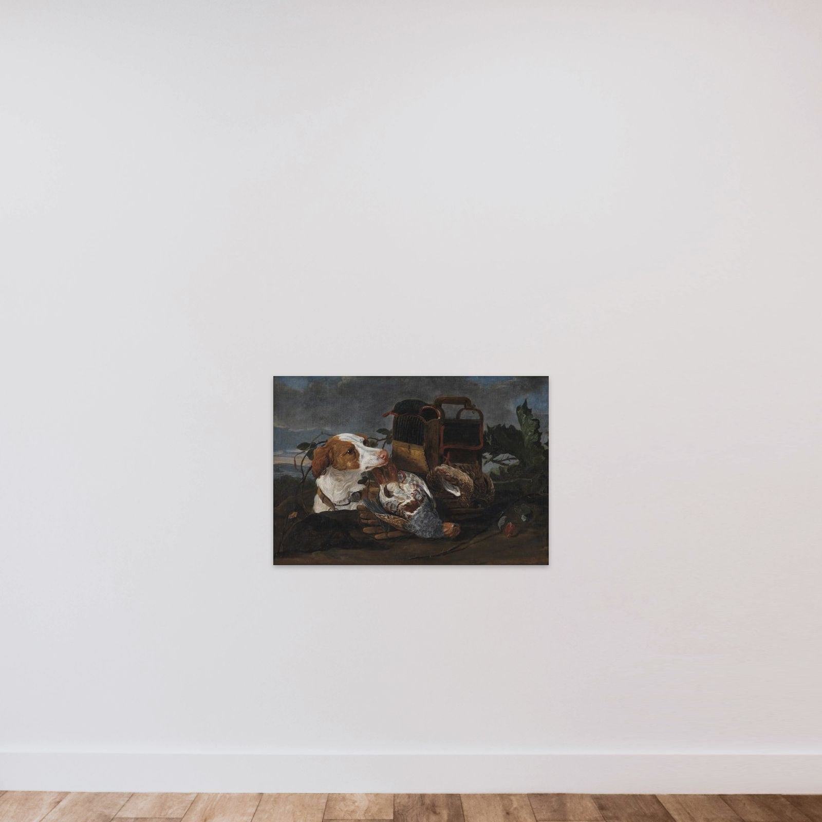 Jagtstilleben med døde fugle og en jagthund unframed — shown to scale