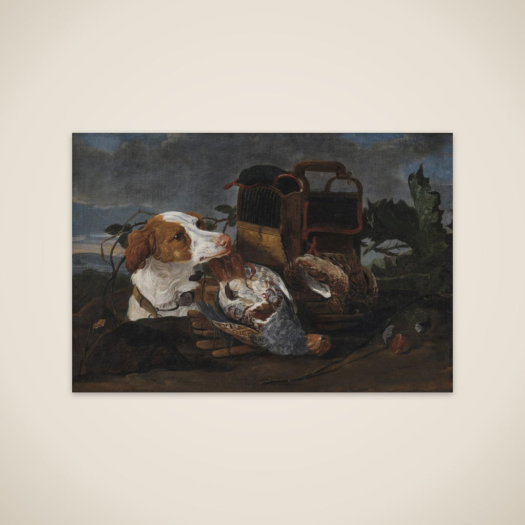 Jagtstilleben med døde fugle og en jagthund unframed print