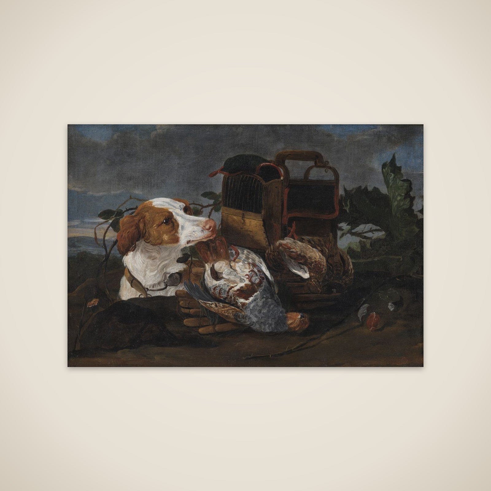 Jagtstilleben med døde fugle og en jagthund unframed print