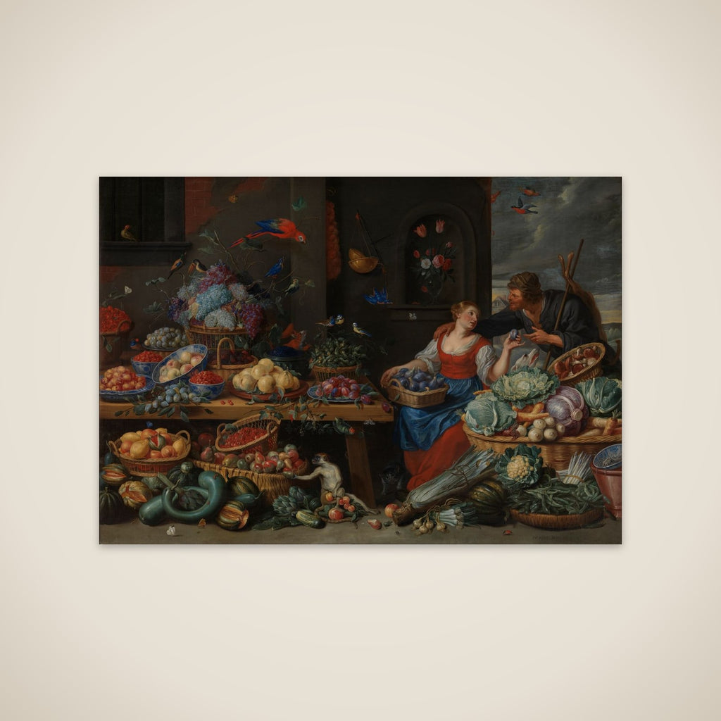 Frugt- og grøntmarked med en frugthandlerske unframed print