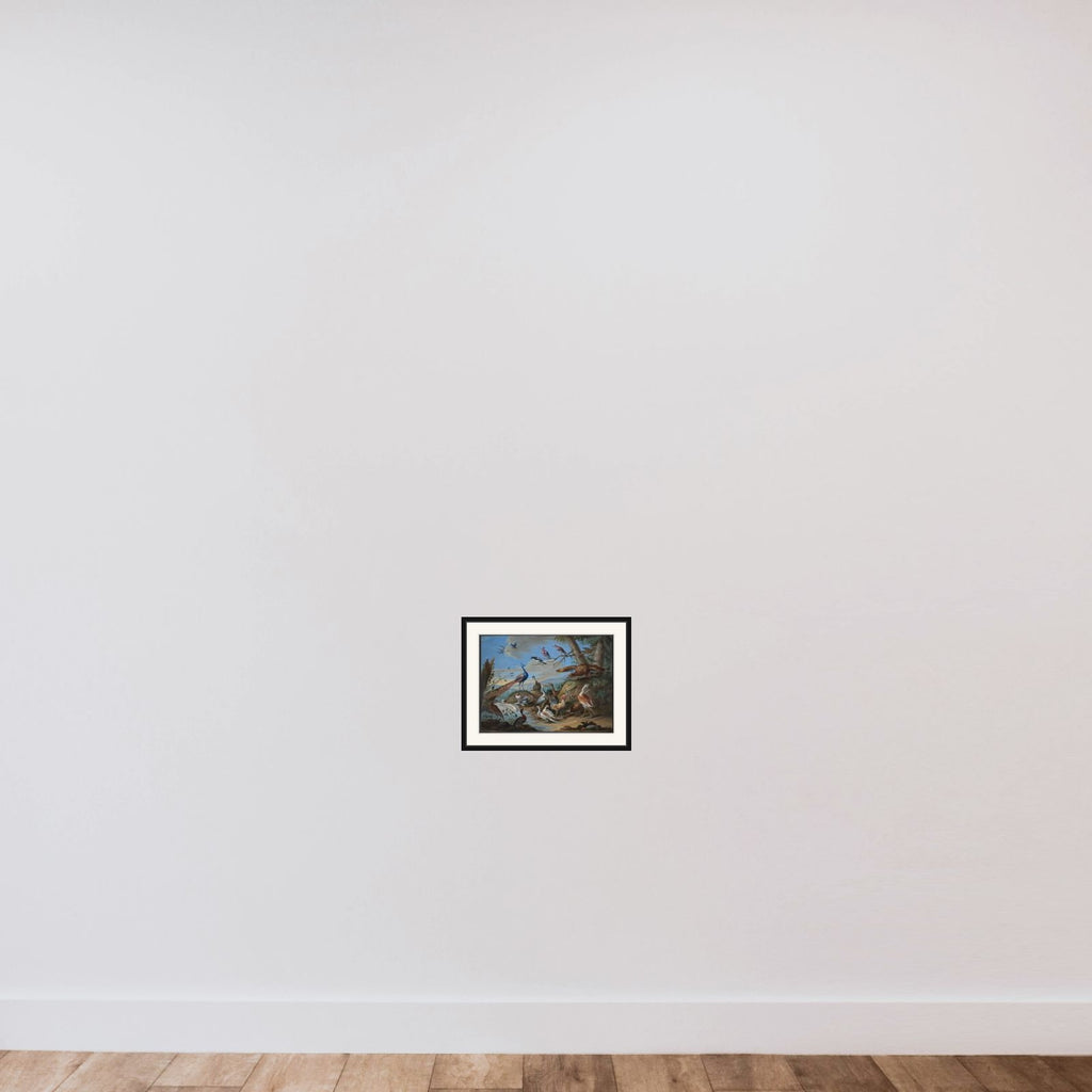 Bakkelandskab med påfugl, ørn og andre fugle framed — shown to scale