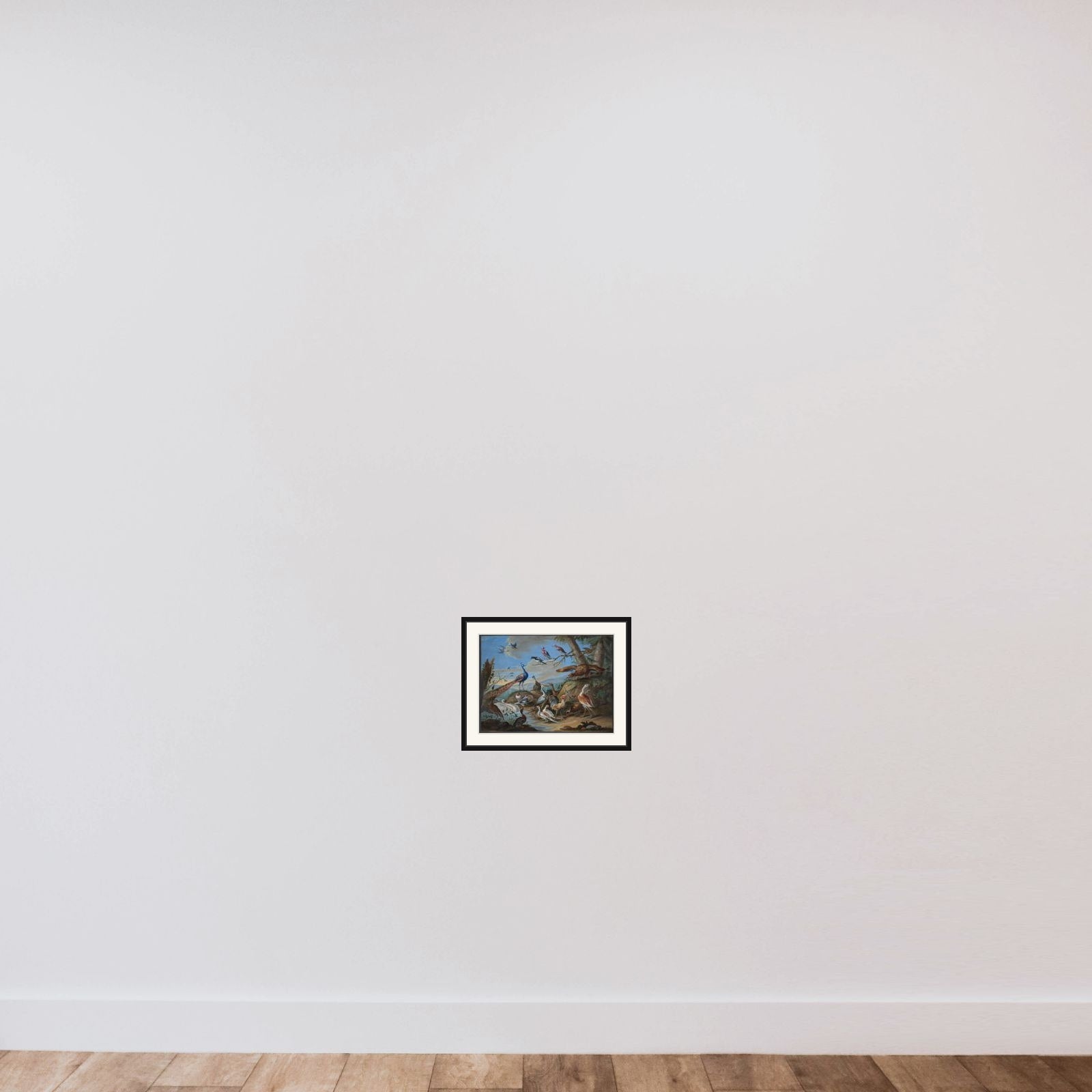 Bakkelandskab med påfugl, ørn og andre fugle framed — shown to scale