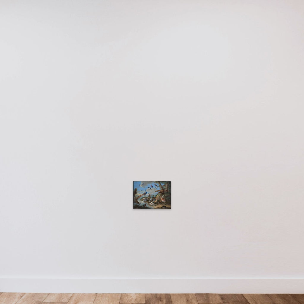 Bakkelandskab med påfugl, ørn og andre fugle unframed — shown to scale