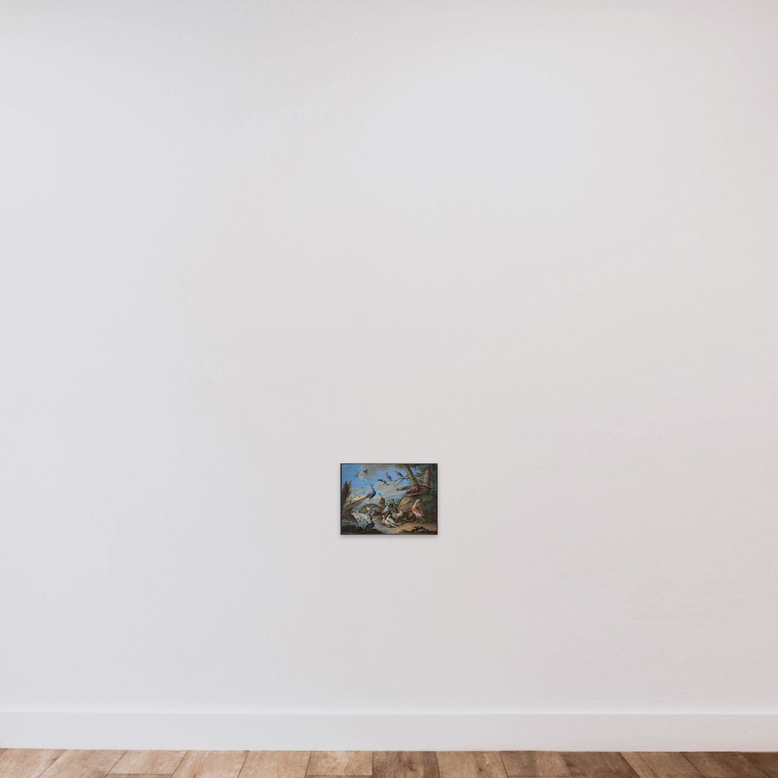 Bakkelandskab med påfugl, ørn og andre fugle unframed — shown to scale