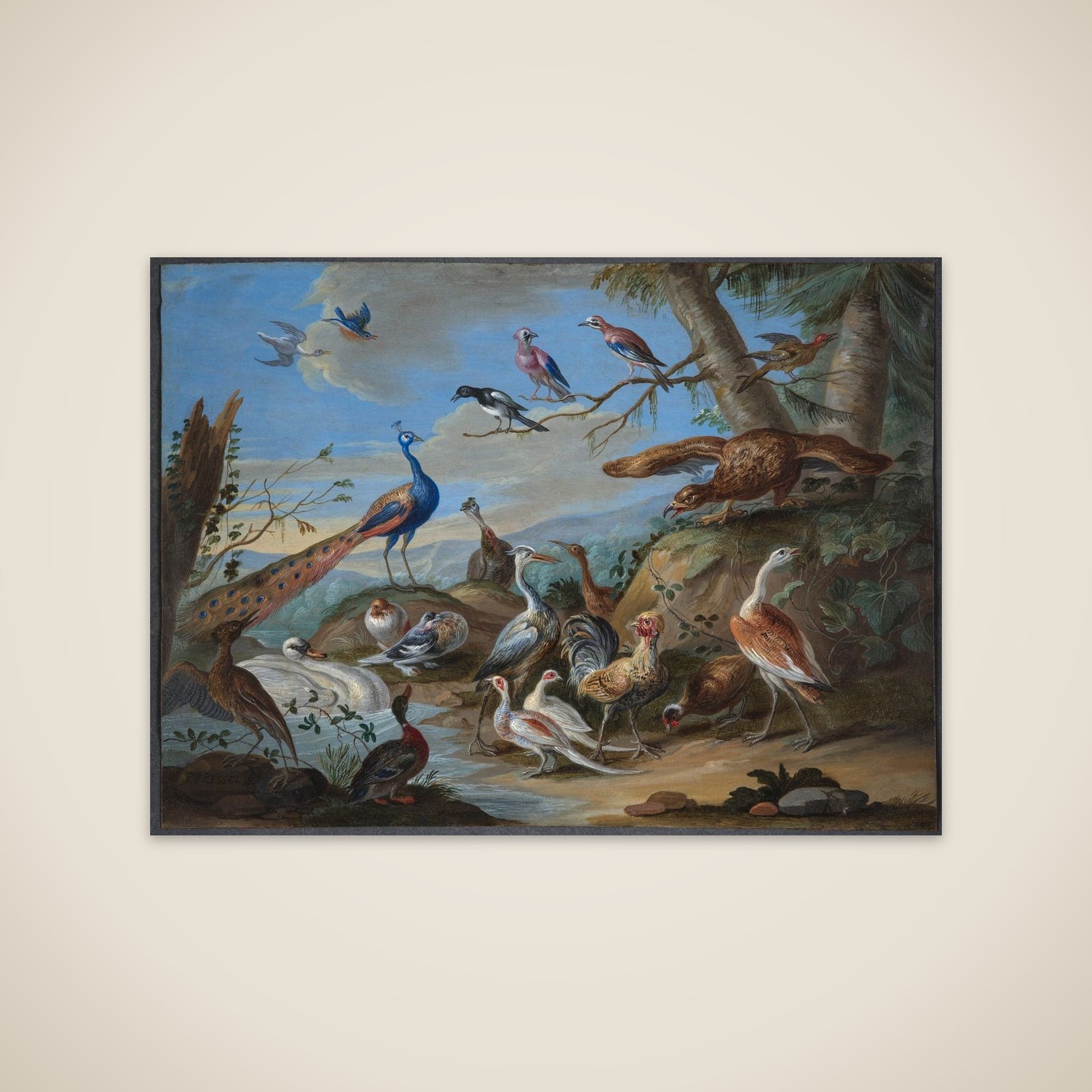 Bakkelandskab med påfugl, ørn og andre fugle unframed print
