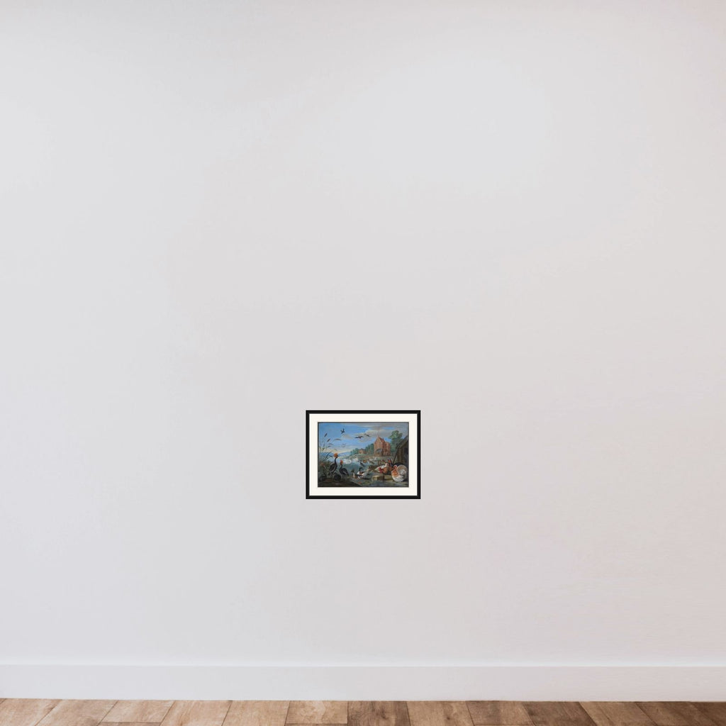 Flodlandskab med kalkuner og høns framed — shown to scale
