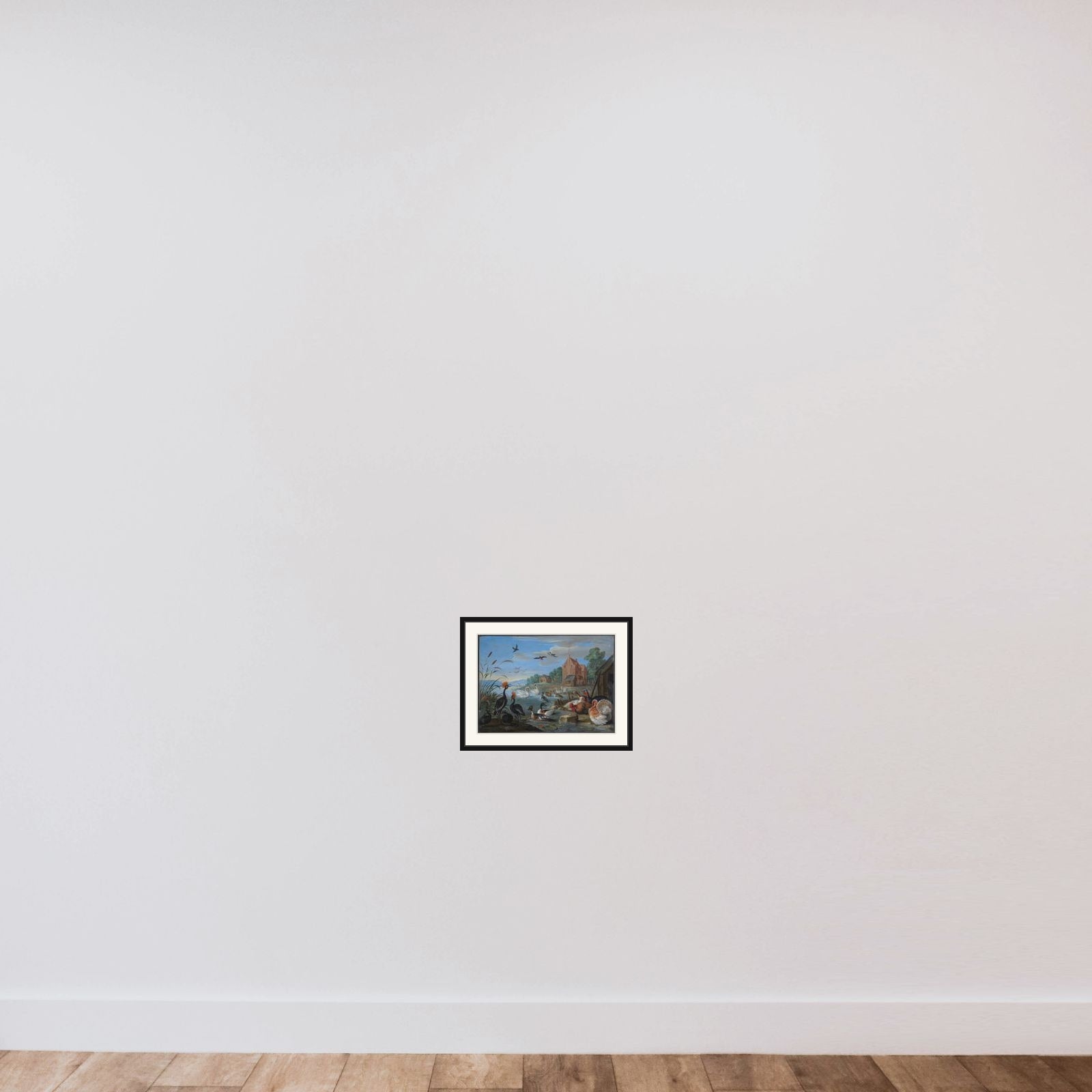 Flodlandskab med kalkuner og høns framed — shown to scale