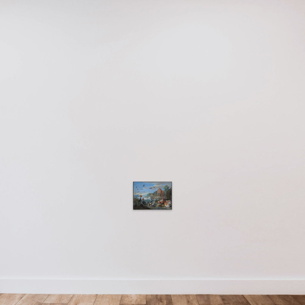Flodlandskab med kalkuner og høns unframed — shown to scale