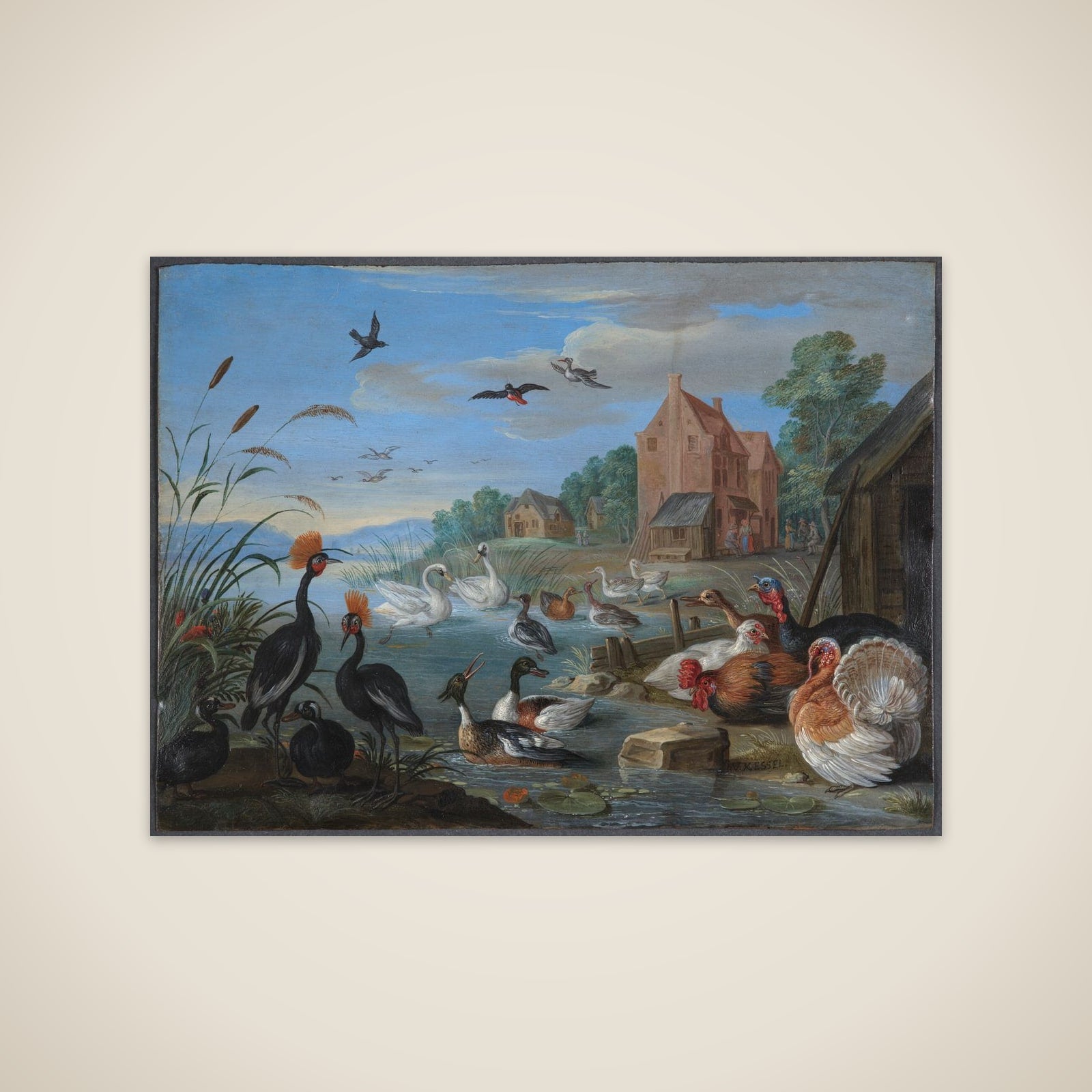 Flodlandskab med kalkuner og høns unframed print