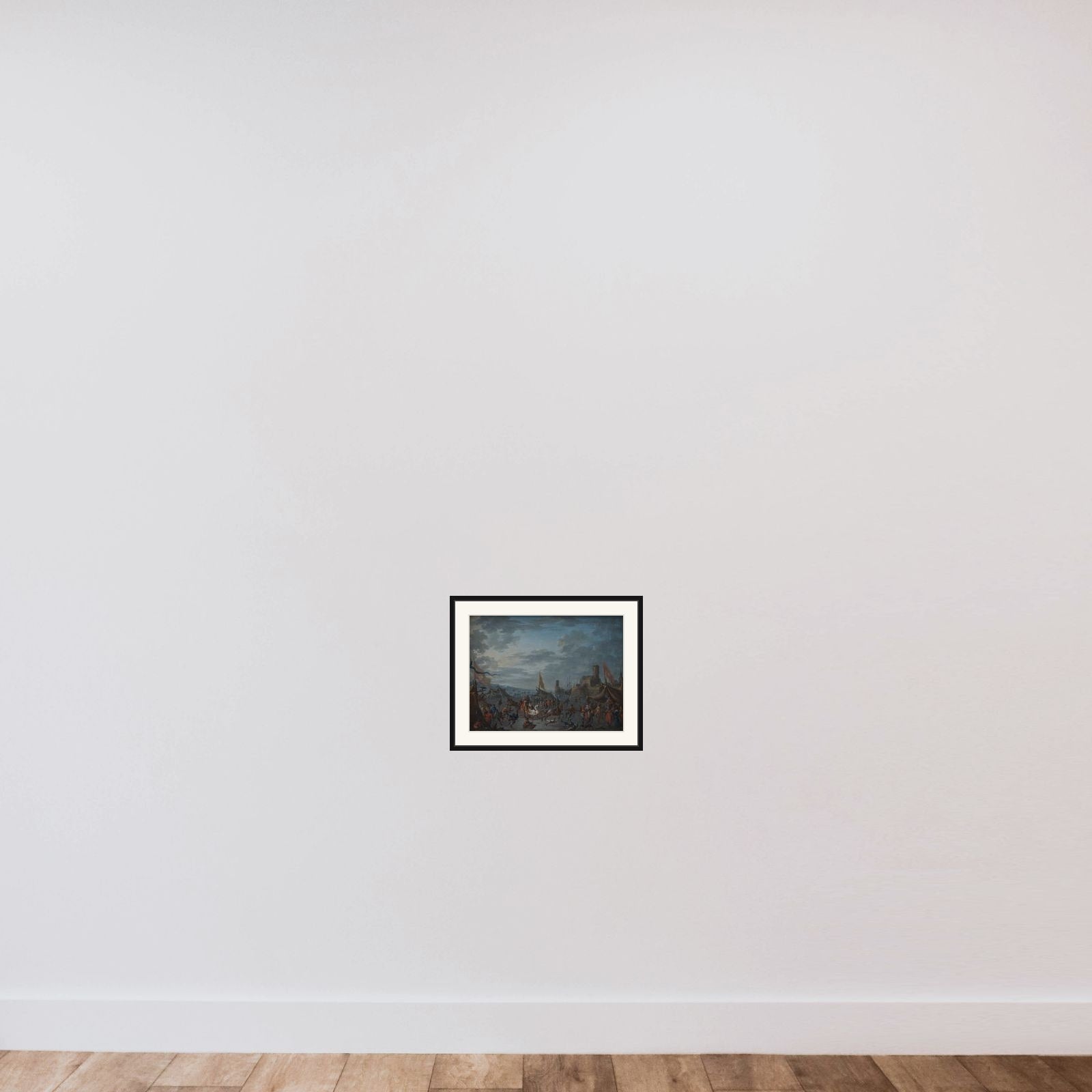 Landskab med kaner og skøjteløbere på isen framed — shown to scale